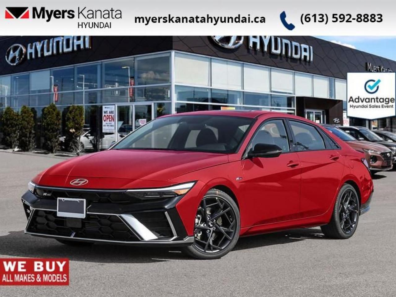 <b>Sport Suspension,  Premium Audio,  Adaptive Cruise Control,  Sunroof,  Navigation!</b><br> <br> <br> <br>  This 2025 Elantra is bringing the classic sedan back with bold, edgy, forward-thinking design. <br> <br>This 2025 Elantra was made to be the sharpest compact sedan on the road. With tons of technology packed into the spacious and comfortable interior, along with bold and edgy styling inside and out, this family sedan makes the unexpected your daily driver. <br> <br> This ultimate red sedan  has an automatic transmission and is powered by a  201HP 1.6L 4 Cylinder Engine.<br> <br> Our Elantras trim level is N Line Ultimate DCT. This trim rewards you with sport-tuned suspension, an 8-speaker Bose audio system, sunroof, dual-zone climate control, remote engine start, front heated seats with a heated steering wheel, remote keyless entry, aluminum-alloy wheels, and an upgraded 10.25-inch display with inbuilt navigation, Apple CarPlay and Android Auto. Safety features also include adaptive cruise control, highway driving assist, blind spot detection, lane keeping assist with lane departure warning, front and rear collision mitigation, and forward collision avoidance with pedestrian detection. This vehicle has been upgraded with the following features: Sport Suspension,  Premium Audio,  Adaptive Cruise Control,  Sunroof,  Navigation,  Climate Control,  Remote Start. <br><br> <br>To apply right now for financing use this link : <a href=https://www.myerskanatahyundai.com/finance/ target=_blank>https://www.myerskanatahyundai.com/finance/</a><br><br> <br/>    This vehicle may qualify for $500 Military Program Bonus. Eligible customers may qualify for the Hyundai 0.50% Loyalty Finance Rate Reduction - certain restrictions may apply. 6.49% financing for 96 months. <br> Buy this vehicle now for the lowest weekly payment of <b>$121.10</b> with $0 down for 96 months @ 6.49% APR O.A.C. ( Plus applicable taxes -  $2596 and licensing fees    ).  Incentives expire 2025-03-31.  See dealer for details. <br> <br>This vehicle is located at Myers Kanata Hyundai 400-2500 Palladium Dr Kanata, Ontario. <br><br> Come by and check out our fleet of 30+ used cars and trucks and 100+ new cars and trucks for sale in Kanata.  o~o