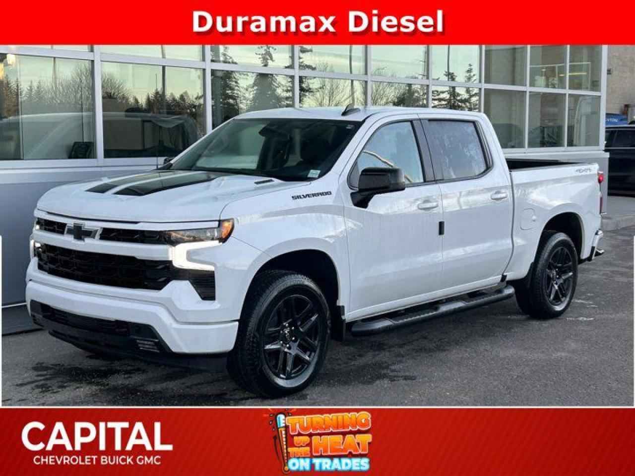 This Chevrolet Silverado 1500 delivers a Turbocharged Diesel I6 3.0L/ engine powering this Automatic transmission. ENGINE, DURAMAX 3.0L TURBO-DIESEL I6 (305 hp [227 kW] @ 3750 rpm, 495 lb-ft of torque [671 Nm] @ 2750 rpm) Includes (KW5) 220-amp alternator and (K05) engine block heater.), Wireless Phone Projection for Apple CarPlay and Android Auto, Windows, power rear, express down.* This Chevrolet Silverado 1500 Features the Following Options *Window, power front, passenger express down, Window, power front, drivers express up/down, Wi-Fi Hotspot capable (Terms and limitations apply. See onstar.ca or dealer for details.), Wheels, 18 x 8.5 (45.7 cm x 21.6 cm) Bright Silver painted aluminum, Wheel, 17 x 8 (43.2 cm x 20.3 cm) full-size, steel spare, USB Ports, rear, dual, charge-only, USB Ports, 2, Charge/Data ports located on the instrument panel, Transmission, 8-speed automatic, electronically controlled with overdrive and tow/haul mode. Includes Cruise Grade Braking and Powertrain Grade Braking (Included and only available with (L3B) 2.7L TurboMax engine. Requires (AZ3) front 40/20/40 split-bench seats.), Transfer case, single speed electronic Autotrac with push button control (4WD models only), Trailer brake controller, integrated.* Visit Us Today *Stop by Capital Chevrolet Buick GMC Inc. located at 13103 Lake Fraser Drive SE, Calgary, AB T2J 3H5 for a quick visit and a great vehicle!