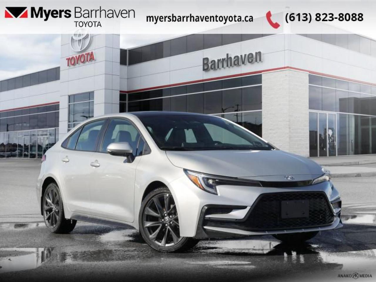 <b>Low Mileage!</b><br> <br>  Compare at $34214 - Our Live Market Price is just $32898! <br> <br>   A legend made modern, this 2023 Toyota Corolla embodies the progressive and practical nature of the Corolla name. This  2023 Toyota Corolla is fresh on our lot in Ottawa. <br> <br>With a distinctive design, robust engineering and all-round practicality, this 2023 Corolla is a popular choice for shoppers who prioritize safety and style. A well-built interior with amazing standard technology ensures that this sedan withstands the day-to-day activities of an urban commute. A roomy cabin with comfortable ride quality ensures that occupants enjoy a smooth journey, both in the city and the highway.This low mileage  sedan has just 21,500 kms. Its  classic silver metallic w/black roof in colour  . It has a cvt transmission and is powered by a  smooth engine. <br> <br> Our Corollas trim level is XSE. This Corolla XSE adds on inbuilt navigation, SofTex synthetic leather seating upholstery, unique alloy wheels and mobile hotspot internet access, with a power slide/tilt moonroof, leather-wrapped heated steering wheel, a wireless charging pad, and proximity keyless entry with push button start. Other standard features include heated front seats and automatic air conditioning for even more comfort, wireless Apple CarPlay and Android Auto, adaptive cruise control, LED headlights with automatic high beams, power heated side mirrors, and SiriusXM streaming radio with a 6-speaker audio setup. Safety features include a blind spot monitoring, pre-collision system with intersection support and rear collision warning, lane keeping assist with lane departure warning, forward collision alert, evasive steering assist, driver monitoring alert, and a rearview camera.<br> <br>To apply right now for financing use this link : <a href=https://www.myersbarrhaventoyota.ca/quick-approval/ target=_blank>https://www.myersbarrhaventoyota.ca/quick-approval/</a><br><br> <br/><br> Buy this vehicle now for the lowest bi-weekly payment of <b>$243.86</b> with $0 down for 84 months @ 8.99% APR O.A.C. ( Plus applicable taxes -  Plus applicable fees   ).  See dealer for details. <br> <br>At Myers Barrhaven Toyota we pride ourselves in offering highly desirable pre-owned vehicles. We truly hand pick all our vehicles to offer only the best vehicles to our customers. No two used cars are alike, this is why we have our trained Toyota technicians highly scrutinize all our trade ins and purchases to ensure we can put the Myers seal of approval. Every year we evaluate 1000s of vehicles and only 10-15% meet the Myers Barrhaven Toyota standards. At the end of the day we have mutual interest in selling only the best as we back all our pre-owned vehicles with the Myers *LIFETIME ENGINE TRANSMISSION warranty. Thats right *LIFETIME ENGINE TRANSMISSION warranty, were in this together! If we dont have what youre looking for not to worry, our experienced buyer can help you find the car of your dreams! Ever heard of getting top dollar for your trade but not really sure if you were? Here we leave nothing to chance, every trade-in we appraise goes up onto a live online auction and we get buyers coast to coast and in the USA trying to bid for your trade. This means we simultaneously expose your car to 1000s of buyers to get you top trade in value. <br>We service all makes and models in our new state of the art facility where you can enjoy the convenience of our onsite restaurant, service loaners, shuttle van, free Wi-Fi, Enterprise Rent-A-Car, on-site tire storage and complementary drink. Come see why many Toyota owners are making the switch to Myers Barrhaven Toyota. <br>*LIFETIME ENGINE TRANSMISSION WARRANTY NOT AVAILABLE ON VEHICLES WITH KMS EXCEEDING 140,000KM, VEHICLES 8 YEARS & OLDER, OR HIGHLINE BRAND VEHICLE(eg. BMW, INFINITI. CADILLAC, LEXUS...) o~o