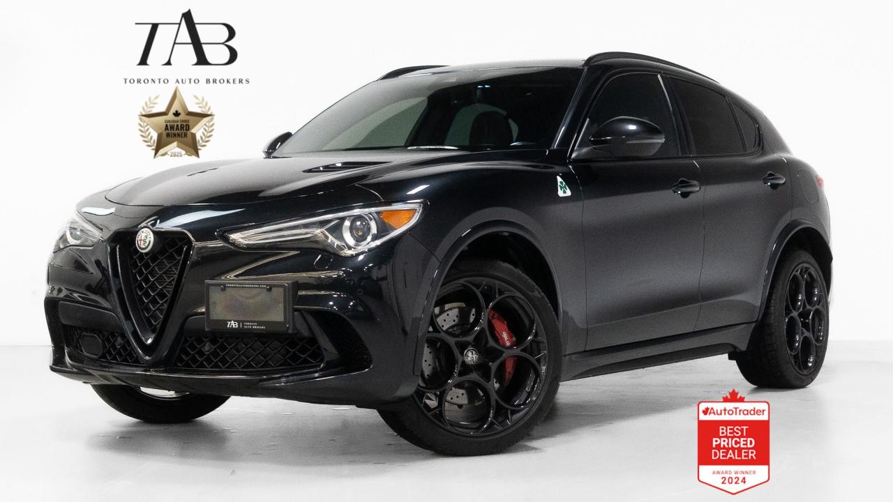 This beautiful 2022 Alfa Romeo Stelvio Quadrifoglio is a local Ontario vehicle with a clean Carfax report. Driven by a 505-hp twin-turbo V6, this SUV roars from 0 to 100 km/h in just 3.6 seconds, while carbon fiber accents and Harman Kardon audio elevate its cabin to a new level of sophistication.

key features Include:

Harman/Kardon Premium Brand Audio System (900 Watts)
Carbon Fiber Interior Accents (Center Console, Dash, Door Trim, Steering Wheel Trim)
Adaptive Cruise Control with Stop-and-Go
Brembo Premium Brakes
Front Wireless Charging Station
Headlight Cleaners and HID/Xenon Headlights
Performance Exhaust with Quad Tips
Heated Rear Seats and Steering Wheel
Semi-Automatic Adaptive Cruise Control
Surround Sound with Digital Sound Processing (13 Total Speakers)
Carbon Fiber Steering Wheel Trim
Painted Aluminum Alloy Wheels with Painted Brake Calipers
Retractable Cargo Cover
Lane Deviation Sensors and Blind Spot Safety
Push-Button Start with Remote Engine Start


NOW OFFERING 3 MONTH DEFERRED FINANCING PAYMENTS ON APPROVED CREDIT. 

WE OFFER THE BEST FINANCE RATES, AND DONT CHARGE ANY FINANCING FEE 

Looking for a top-rated pre-owned luxury car dealership in the GTA? Look no further than Toronto Auto Brokers (TAB)! Were proud to have won multiple awards, including the 2024 AutoTrader Best Priced Dealer, 2024 CBRB Dealer Award, the Canadian Choice Award 2024, the 2024 BNS Award, the 2024 Three Best Rated Dealer Award, and many more!

With 30 years of experience serving the Greater Toronto Area, TAB is a respected and trusted name in the pre-owned luxury car industry. Our 30,000 sq.Ft indoor showroom is home to a wide range of luxury vehicles from top brands like BMW, Mercedes-Benz, Audi, Porsche, Land Rover, Jaguar, Aston Martin, Bentley, Maserati, and more. And we dont just serve the GTA, were proud to offer our services to all cities in Canada, including Vancouver, Montreal, Calgary, Edmonton, Winnipeg, Saskatchewan, Halifax, and more.

At TAB, were committed to providing a no-pressure environment and honest work ethics. As a family-owned and operated business, we treat every customer like family and ensure that every interaction is a positive one. Come experience the TAB Lifestyle at its truest form, luxury car buying has never been more enjoyable and exciting!

We offer a variety of services to make your purchase experience as easy and stress-free as possible. From competitive and simple financing and leasing options to extended warranties, aftermarket services, and full history reports on every vehicle, we have everything you need to make an informed decision. We welcome every trade, even if youre just looking to sell your car without buying, and when it comes to financing or leasing, we offer same day approvals, with access to over 50 lenders, including all of the banks in Canada. Feel free to check out your own Equifax credit score without affecting your credit score, simply click on the Equifax tab above and see if you qualify.

So if youre looking for a luxury pre-owned car dealership in Toronto, look no further than TAB! We proudly serve the GTA, including Toronto, Etobicoke, Woodbridge, North York, York Region, Vaughan, Thornhill, Richmond Hill, Mississauga, Scarborough, Markham, Oshawa, Peteborough, Hamilton, Newmarket, Orangeville, Aurora, Brantford, Barrie, Kitchener, Niagara Falls, Oakville, Cambridge, Kitchener, Waterloo, Guelph, London, Windsor, Orillia, Pickering, Ajax, Whitby, Durham, Cobourg, Belleville, Kingston, Ottawa, Montreal, Vancouver, Winnipeg, Calgary, Edmonton, Regina, Halifax, and more.

Call us today or visit our website to learn more about our inventory and services. And remember, all prices exclude applicable taxes and licensing, and vehicles can be certified at an additional cost of $799.