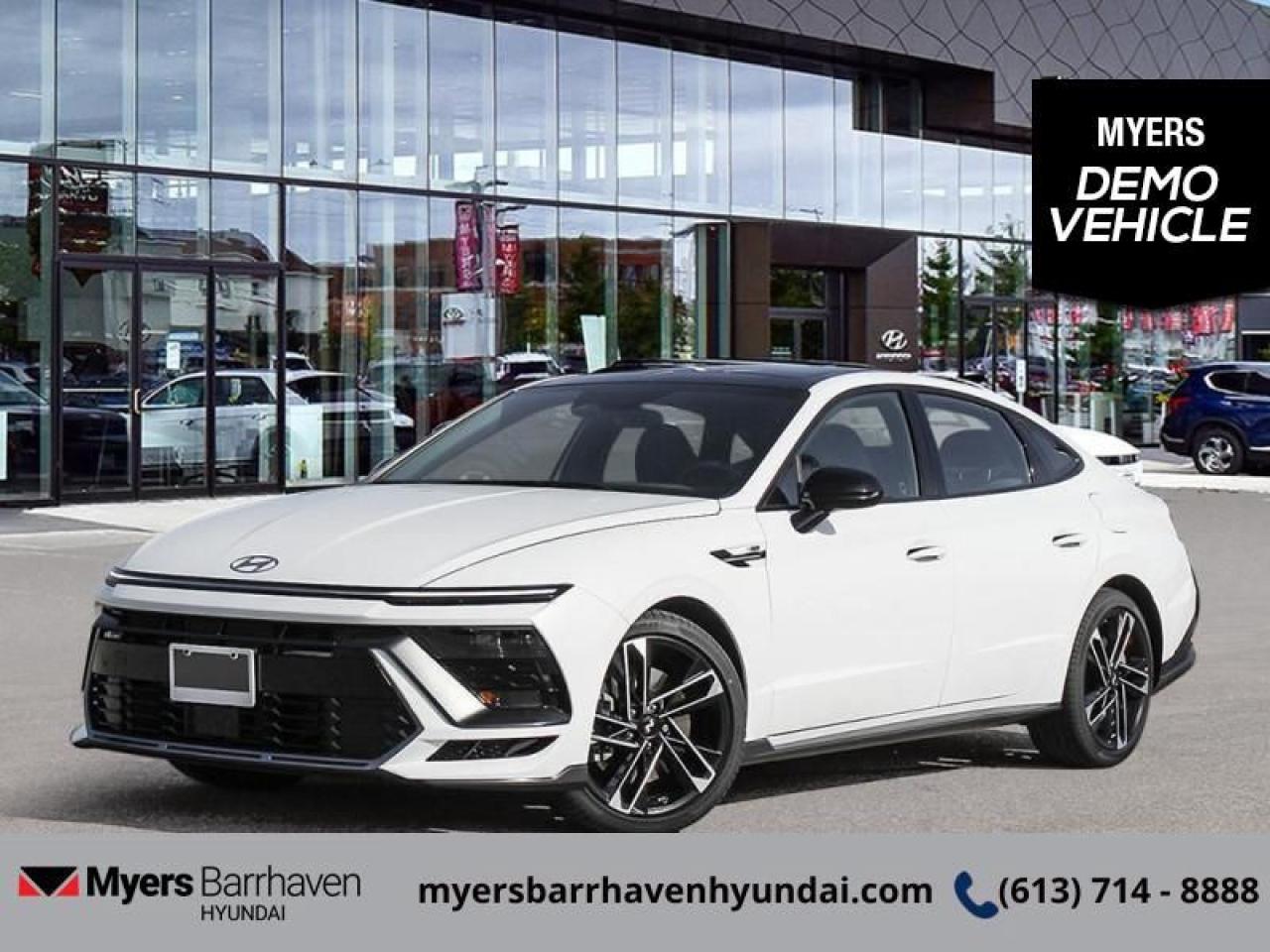 <b>Sport Suspension,  Premium Audio,  360 Camera,  Sunroof,  Navigation!</b><br> <br> <br> <br>  From the sporty, ultramodern exterior to the tech-rich refinement inside, this 2025 Sonata continues to break new ground. <br> <br>This refreshed 2025 Sonata sets the sedan standard once again with a new, futuristic look, more premium features, and loads of tech upgrades both intelligent and intuitive. Head turning styling with incredibly balanced dynamics ensure that this sedan is a pleasure to both look at and to drive. A beautifully crafted interior with endless comfort make this 2025 Sonata the midsize sedan to beat.<br> <br> This serenity sedan  has an automatic transmission and is powered by a  290HP 2.5L 4 Cylinder Engine.<br> <br> Our Sonatas trim level is N-Line AWD. This Sonata N Line steps things up with sport-tuned suspension, upgraded N Line aluminum wheels and a 360-camera system, along with a panoramic sunroof, ventilated and heated front seats, a heated steering wheel, adaptive cruise control, premium 12-speaker Bose audio, and twin 12.3-inch dashboard displays for instrument cluster and infotainment duties; the latter bundled with inbuilt voice-activated navigation, Apple CarPlay and Android Auto. Additional features include remote engine start, blind spot detection, lane keep assist with lane departure warning, front and rear collision mitigation, and even more. This vehicle has been upgraded with the following features: Sport Suspension,  Premium Audio,  360 Camera,  Sunroof,  Navigation,  Cooled Seats,  Heated Steering Wheel.  This is a demonstrator vehicle driven by a member of our staff, so we can offer a great deal on it.<br><br> <br/> See dealer for details. <br> <br> o~o