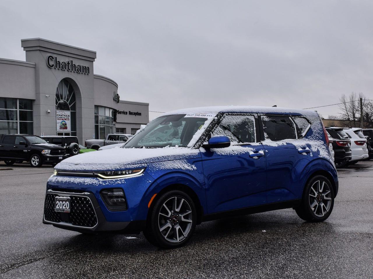 2020 Kia Soul 4D Hatchback EX Blue Navigation System, Power moonroof. FWD 2.0L I4 MPI DOHC 16V LEV3-SULEV30 147hp CVT<br><br><br>Here at Chatham Chrysler, our Financial Services Department is dedicated to offering the service that you deserve. We are experienced with all levels of credit and are looking forward to sitting down with you. Chatham Chrysler Proudly serves customers from London, Ridgetown, Thamesville, Wallaceburg, Chatham, Tilbury, Essex, LaSalle, Amherstburg and Windsor with no distance being ever too far! At Chatham Chrysler, WE CAN DO IT!