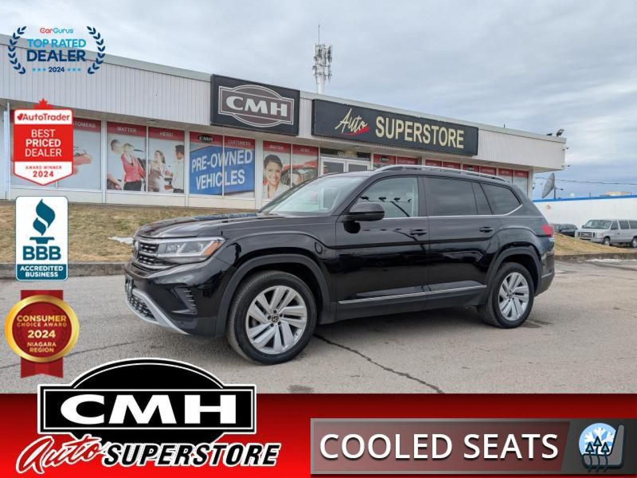 <b>V6 AWD !! NAVIGATION, REAR CAMERA, PARK SENSORS, BLIND SPOT, ADAPTIVE CRUISE CONTROL, RAIN SENSING WIPERS, REMOTE START, APPLE CARPLAY, PANORAMIC SUNROOF, LEATHER, POWER SEAT W/ MEMORY, COOLED/HEATED SEATS, HEATED STEERING WHEEL, POWER GATE, 7 PASSENGER</b><br>  <br>CMH certifies that all vehicles meet DOUBLE the Ministry standards for Brakes and Tires<br><br> <br>    This  2021 Volkswagen Atlas is for sale today. <br> <br>While this 2021 Volkswagen Atlas is definitely well designed and exceptionally well put together, what sets it aside as one of the best and most comfortable SUVs is the spacious interior. Easily accommodating 7 adults in complete comfort, the Atlas has its sight set on passenger comfort and safety much more than being an agile, sporty, and cramped SUV. The Atlas delivers excellent on road capabilities and a luxurious ride quality while seated in a roomy, airy, extremely well designed cabin.This  SUV has 113,464 kms. Its  black in colour  . It has an automatic transmission and is powered by a  276HP 3.6L V6 Cylinder Engine. <br> <br>To apply right now for financing use this link : <a href=https://www.cmhniagara.com/financing/ target=_blank>https://www.cmhniagara.com/financing/</a><br><br> <br/><br>Trade-ins are welcome! Financing available OAC ! Price INCLUDES a valid safety certificate! Price INCLUDES a 60-day limited warranty on all vehicles except classic or vintage cars. CMH is a Full Disclosure dealer with no hidden fees. We are a family-owned and operated business for over 30 years! o~o