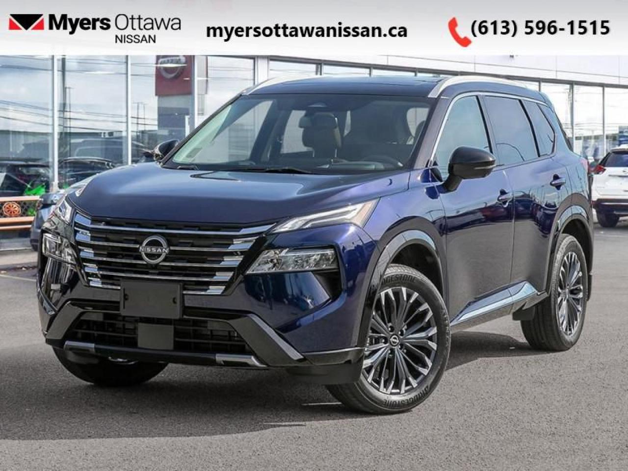 <b>HUD,  Bose Premium Audio,  Leather Seats,  Navigation,  360 Camera!</b><br> <br> <br> <br>  Capable of crossing over into every aspect of your life, this 2025 Rogue lets you stay focused on the adventure. <br> <br>Nissan was out for more than designing a good crossover in this 2025 Rogue. They were designing an experience. Whether your adventure takes you on a winding mountain path or finding the secrets within the city limits, this Rogue is up for it all. Spirited and refined with space for all your cargo and the biggest personalities, this Rogue is an easy choice for your next family vehicle.<br> <br> This 2-tone dp ocean SUV  has an automatic transmission and is powered by a  201HP 1.5L 3 Cylinder Engine.<br> <br> Our Rogues trim level is Platinum. This range-topping Rogue Platinum features a drivers head up display and Bose premium audio, and rewards you with 19-inch alloy wheels, quilted anmd perforated semi-aniline leather upholstery, heated rear seats, a power moonroof, a power liftgate for rear cargo access, adaptive cruise control and ProPilot Assist. Also standard include heated front heats, a heated leather steering wheel, mobile hotspot internet access, proximity key with remote engine start, dual-zone climate control, and a 12.3-inch infotainment screen with NissanConnect, Apple CarPlay, and Android Auto. Safety features also include HD Enhanced Intelligent Around View Monitoring, lane departure warning, blind spot detection, front and rear collision mitigation, and rear parking sensors. This vehicle has been upgraded with the following features: Hud,  Bose Premium Audio,  Leather Seats,  Navigation,  360 Camera,  Moonroof,  Power Liftgate. <br><br> <br>To apply right now for financing use this link : <a href=https://www.myersottawanissan.ca/finance target=_blank>https://www.myersottawanissan.ca/finance</a><br><br> <br/> Total  cash rebate of $1000 is reflected in the price. Credit includes $1,000 Stackable Incentive Dollars.  4.49% financing for 84 months. <br> Payments from <b>$682.91</b> monthly with $0 down for 84 months @ 4.49% APR O.A.C. ( Plus applicable taxes -  $621 Administration fee included. Licensing not included.    ).  Incentives expire 2025-03-31.  See dealer for details. <br> <br><br> Come by and check out our fleet of 20+ used cars and trucks and 60+ new cars and trucks for sale in Ottawa.  o~o