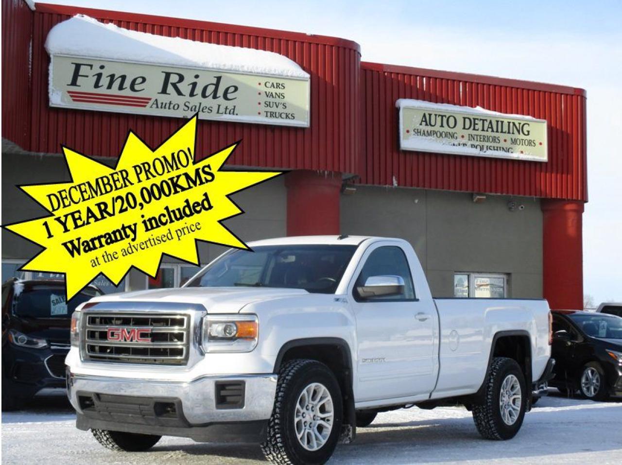 <p>2014 GMC Sierra 1500 SLE Reg Cab Long Box 4X4</p><p>5.3LTR V8<br>A/C<br>Tilt<br>Cruise<br>Power windows<br>Power locks<br>Power mirrors<br>3 passengers<br>AM/FM radio<br>Bluetooth<br>208,000kms!<br>Factory remote starter<br>Back up camera<br>Brand new tires<br>Alloy wheels<br>8ft box</p><p><strong>MORE PICTURES TO FOLLOW</strong></p><p>$21,975 Safetied<br>Financing and Warranty Available at Fine Ride Auto Sales Ltd<br>www.FineRideAutoSales.ca</p><p>Call: 204-415-3300 or 1-855-854-3300<br>Text: 204-226-1790<br>View in person at: Unit 3-3000 Main Street</p><p>DLR# 4614<br>**Plus applicable taxes**</p><p></p><p><span style=color:#000000;><span style=font-family:book antiqua, palatino, serif;font-size:14pt;>Monday                9am to 6pm</span></span><br><span style=color:#000000;><span style=font-family:book antiqua, palatino, serif;font-size:14pt;>Tuesday               9am to 6pm</span></span><br><span style=color:#000000;><span style=font-family:book antiqua, palatino, serif;font-size:14pt;>Wednesday               9am to 6pm</span></span><br><span style=color:#000000;><span style=font-family:book antiqua, palatino, serif;font-size:14pt;>Thursday                9am to 6pm</span></span><br><span style=color:#000000;><span style=font-family:book antiqua, palatino, serif;font-size:14pt;>Friday                9am to 5pm</span></span><br><span style=color:#000000;><span style=font-family:book antiqua, palatino, serif;font-size:14pt;>Saturday                   10am to 2pm</span></span><br><span style=color:#000000;><span style=font-family:book antiqua, palatino, serif;font-size:14pt;>Sunday                    CLOSED</span></span></p>