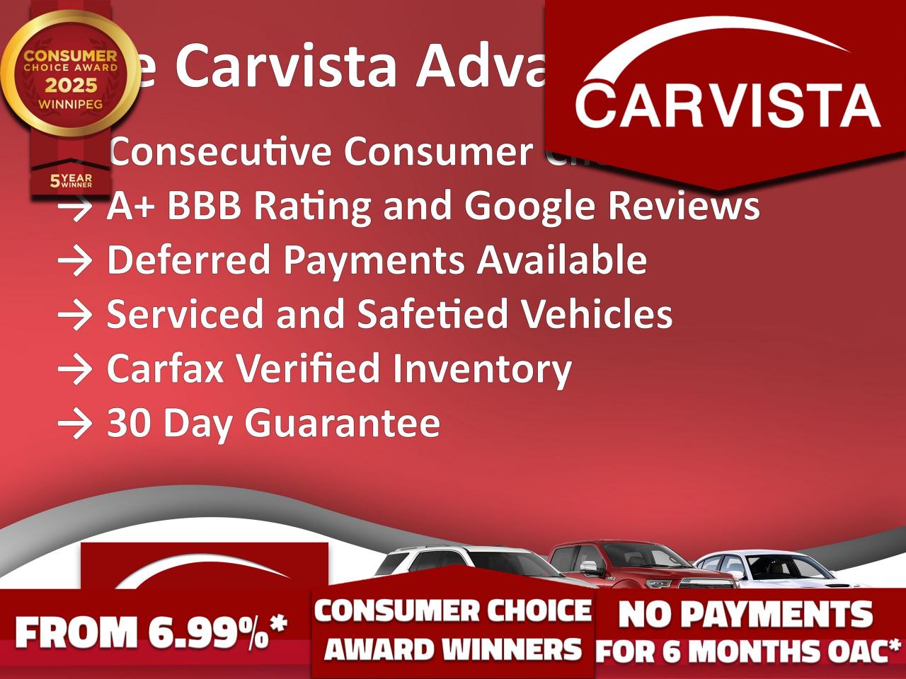 CONSECUTIVE COMSUMER CHOICE AWARD WINNERS FOR OUTSTANDING BUSINESS! LOW DEALER FINANCING RATES*, NO PAYMENTS FOR 6 MONTHS*!   Receivers of the prestigious Consumer Choice Award winners in 2021, 2022, 2023 and 2024! Low rate dealer arranged financing available!
At Carvista we offer a unique buying experience, with no deceiving finance gimmicks and trades are welcome but not required!  Carvista is a family operated business that has been in business for over 25 years, and has earned a A+ BBB Accreditation and outstanding consumer accolades Offering 175 quality pre-owned vehicles, all are certified and Carfax verified, most with remaining factory warranty and a modern facility located on Winnipegs Regent Ave strip  We welcome you to visit us at 1201 Regent Ave W, at Carvista, and drive away in a like new vehicle for less  In many cases we can offer no payments for 6 months! Dont let your trade or credit stop you, we accept any kind, any time CARVISTA.CA, "Where the deals are". 
Prices and payments exclude GST OR PST
Carvista Inc. Dealer Permit # 1211, Category: Used Vehicle
 Please verify all ad details with a Carvista sales person, vehicle may not be exactly as shown. 

.