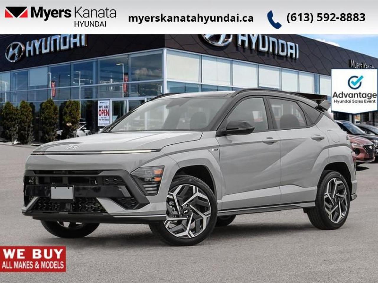 <b>Cooled Seats,  Navigation,  Premium Audio,  360 Camera,  Sunroof!</b><br> <br> <br> <br>  Built for adventure, this Kona is well equipped, whether in the urban sprawl or the backroads. <br> <br>With more versatility than its tiny stature lets on, this Kona is ready to prove that big things can come in small packages. With an incredibly long feature list, this Kona is incredibly safe and comfortable, compatible with just about anything, and ready for lifes next big adventure. For distilled perfection in the busy crossover SUV segment, this Kona is the obvious choice.<br> <br> This atlas wht w/aby SUV  has an automatic transmission and is powered by a  190HP 1.6L 4 Cylinder Engine.<br> <br> Our Konas trim level is N Line Ultimate AWD w/Two-Tone Roof. Endless thrills and excitement are assured in this Kona N Line Ultimate, with performance upgrades and aggressive styling, as well as ventilated and heated seats, inbuilt navigation, Bose premium audio, and a 360 camera system. Also standard include heated steering wheel, adaptive cruise control, upgraded aluminum wheels, remote engine start, and an immersive dual-LCD dash display with a 12.3-inch infotainment screen bundled with Apple CarPlay, Android Auto and Bluelink+ selective service internet access. Safety features also include blind spot detection, lane keeping assist with lane departure warning, front pedestrian braking, and forward collision mitigation. This vehicle has been upgraded with the following features: Cooled Seats,  Navigation,  Premium Audio,  360 Camera,  Sunroof,  Climate Control,  Heated Steering Wheel. <br><br> <br>To apply right now for financing use this link : <a href=https://www.myerskanatahyundai.com/finance/ target=_blank>https://www.myerskanatahyundai.com/finance/</a><br><br> <br/>    This vehicle may qualify for $500 Military Program Bonus. Eligible customers may qualify for the Hyundai 0.50% Loyalty Finance Rate Reduction - certain restrictions may apply. 5.99% financing for 96 months. <br> Buy this vehicle now for the lowest weekly payment of <b>$142.78</b> with $0 down for 96 months @ 5.99% APR O.A.C. ( Plus applicable taxes -  $2596 and licensing fees    ).  Incentives expire 2025-03-31.  See dealer for details. <br> <br>This vehicle is located at Myers Kanata Hyundai 400-2500 Palladium Dr Kanata, Ontario. <br><br> Come by and check out our fleet of 30+ used cars and trucks and 100+ new cars and trucks for sale in Kanata.  o~o