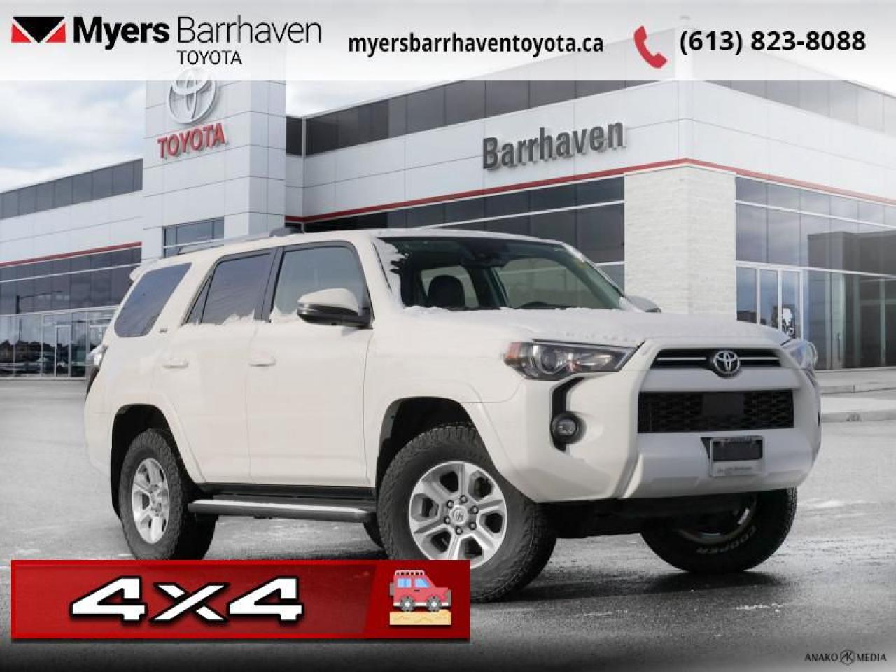 <b>Sunroof,  Apple CarPlay,  Android Auto,  Heated Seats,  SofTex Seats!</b><br> <br>  Compare at $46788 - Our Live Market Price is just $44988! <br> <br>   Ready for any adventure, this Toyota 4Runner is the real deal. This  2022 Toyota 4Runner is fresh on our lot in Ottawa. <br> <br>The best stories begin where the road ends and this Toyota 4Runner is ready and capable for any off-road trail you put in front of it. This rugged family SUV offers the best of both worlds, with a refined interior and handsome exterior styling. If a simple family SUV just wont cut it for your active lifestyle, this powerful and ultra capable 4Runner is ready for the challenge! This  SUV has 118,707 kms. Its  white in colour  . It has an automatic transmission and is powered by a  270HP 4.0L V6 Cylinder Engine. <br> <br> Our 4Runners trim level is SR5. This impressive 4Runner comes loaded with a power sunroof, plush SofTex interior, power heated front seats, an 8 inch touchscreen that features Apple CarPlay, Android Auto, SiriusXM, USB inputs, a rear view camera and a leather wrapped steering wheel with cruise and audio controls. Additional features include remote keyless entry, dynamic radar cruise control, front recovery tow hooks and 3 skid plates, stylish aluminum wheels, running boards, remote engine start, a useful tow hitch, Toyota Safety Sense, lane departure warning with steering assist, blind spot monitor, heated power side mirrors, LED fog lights plus so much more. This vehicle has been upgraded with the following features: Sunroof,  Apple Carplay,  Android Auto,  Heated Seats,  Softex Seats,  Aluminum Wheels,  Remote Start. <br> <br>To apply right now for financing use this link : <a href=https://www.myersbarrhaventoyota.ca/quick-approval/ target=_blank>https://www.myersbarrhaventoyota.ca/quick-approval/</a><br><br> <br/><br> Buy this vehicle now for the lowest bi-weekly payment of <b>$344.06</b> with $0 down for 84 months @ 9.99% APR O.A.C. ( Plus applicable taxes -  Plus applicable fees   ).  See dealer for details. <br> <br>At Myers Barrhaven Toyota we pride ourselves in offering highly desirable pre-owned vehicles. We truly hand pick all our vehicles to offer only the best vehicles to our customers. No two used cars are alike, this is why we have our trained Toyota technicians highly scrutinize all our trade ins and purchases to ensure we can put the Myers seal of approval. Every year we evaluate 1000s of vehicles and only 10-15% meet the Myers Barrhaven Toyota standards. At the end of the day we have mutual interest in selling only the best as we back all our pre-owned vehicles with the Myers *LIFETIME ENGINE TRANSMISSION warranty. Thats right *LIFETIME ENGINE TRANSMISSION warranty, were in this together! If we dont have what youre looking for not to worry, our experienced buyer can help you find the car of your dreams! Ever heard of getting top dollar for your trade but not really sure if you were? Here we leave nothing to chance, every trade-in we appraise goes up onto a live online auction and we get buyers coast to coast and in the USA trying to bid for your trade. This means we simultaneously expose your car to 1000s of buyers to get you top trade in value. <br>We service all makes and models in our new state of the art facility where you can enjoy the convenience of our onsite restaurant, service loaners, shuttle van, free Wi-Fi, Enterprise Rent-A-Car, on-site tire storage and complementary drink. Come see why many Toyota owners are making the switch to Myers Barrhaven Toyota. <br>*LIFETIME ENGINE TRANSMISSION WARRANTY NOT AVAILABLE ON VEHICLES WITH KMS EXCEEDING 140,000KM, VEHICLES 8 YEARS & OLDER, OR HIGHLINE BRAND VEHICLE(eg. BMW, INFINITI. CADILLAC, LEXUS...) o~o