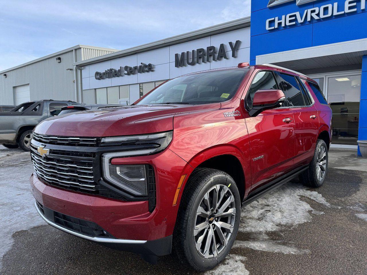 Drive our 2025 Chevrolet Tahoe High Country 4WD to experience the luxury of modern strength and technology in Radiant Red Tintcoat! Powered by a 6.2 Litre V8 delivering 420hp to a 10 Speed Automatic transmission. This Four Wheel Drive SUV also boasts the commanding capability of Magnetic Ride Control and a 2-speed transfer case, and it achieves approximately 13.1L/100km on the highway. Our Tahoe shows a sharp sense of style with LED lighting, dual exhaust outlets, 22-inch alloy wheels, bright roof rails, chrome accents, a hands-free liftgate, and black assist steps. Our High Country cabin is lavishly equipped for the long haul with heated/ventilated leather power front and heated rear seats, a power-folding third row, a heated-wrapped power steering wheel, tri-zone automatic climate control, and a power-sliding center console. Enjoy Bose audio for rich, clear sound, and stay connected with a 12-inch driver display, a 10.2-inch touchscreen, connected navigation, wireless Android Auto/Apple CarPlay, wireless charging, WiFi compatibility, voice control, and Bluetooth. Chevrolets tech benefits keep on coming with HD surround vision, a digital rearview camera, a head-up display, enhanced automatic braking, blind-spot monitoring, rear cross-traffic alert, forward-collision warning, lane-keeping assistance, and more. Designed to dominate, our Tahoe High Country delivers the goods! Save this Page and Call for Availability. We Know You Will Enjoy Your Test Drive Towards Ownership!