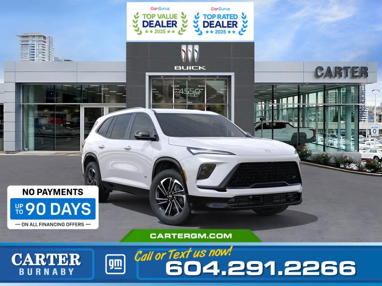 Purchase your new vehicle today and enjoy NO PAYMENTS FOR UP TO 90 DAYS. Upgrade with confidence, without stretching your budget!  2025 Buick Enclave Sport Touring  Bold, Refined, and Ready to Perform The 2025 Buick Enclave Sport Touring blends style and innovation with 20" alloy wheels and gloss black roof rails. Inside, enjoy a sleek 30" diagonal LCD screen, Tri-Zone Auto Climate Control, and the Technology Package for a premium experience. Stay safe with features like HD Surround Vision, Lane Keep Assist, and Adaptive Cruise Control, while Active Noise Cancellation ensures a quiet ride.  Come take it for a test drive today and experience all this stylish vehicle has to offer!  WHY CARTER GM BURNABY?  - An unrivalled vehicle purchasing experience! - Exceeding our loyal customers expectations since 1963 - 4.5 Google star rating with 2,175+ customer reviews) - CarGurus Top-Rated Dealer 2025 Award - CarGurus Top Value Dealer 2025 Award - Vehicle trades welcome! Best price guaranteed! - We provide upfront pricing, zero hidden fees, and 100% transparency - Fast approvals and 99% acceptance rates (no matter your current credit status!) - Multilingual staff (many languages spoken) - Comfortable non-pressured environment with in-store television, WIFI and a childrens play area! - In-store restaurant: fresh daily menu        Were here to help you drive the vehicle you want, the vehicle you deserve! QUESTIONS? GREAT! WEVE GOT ANSWERS! To speak with a friendly vehicle specialist - CALL NOW! (Doc. Fee: $495.00 Dealer Code: D5505)
