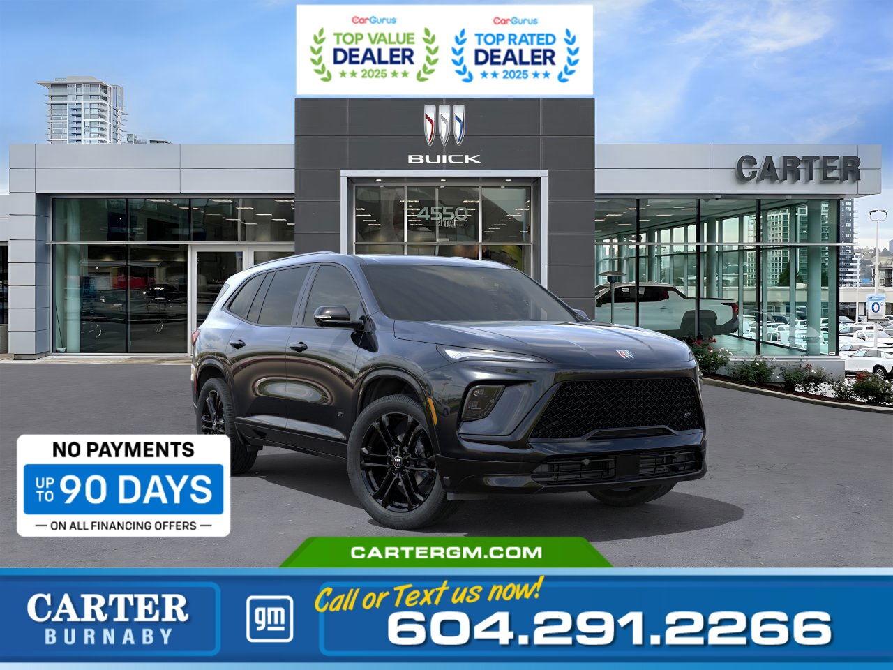 Purchase your new vehicle today and enjoy NO PAYMENTS FOR UP TO 90 DAYS. Upgrade with confidence, without stretching your budget!  Stand out in the 2025 Buick Enclave Sport Touring, finished in striking Ebony Twilight Metallic with aggressive 22" High Gloss Black Wheels with Machined Accents. A powerful 2.5L Turbo engine and smooth 8-speed automatic transmission deliver a confident, responsive ride. Enjoy added luxury with a power panoramic sunroof and peace of mind from the Engine Block Heater for cold-weather starts.  Come take it for a test drive today and experience all this stylish vehicle has to offer!  WHY CARTER GM BURNABY?  - An unrivalled vehicle purchasing experience! - Exceeding our loyal customers expectations since 1963 - 4.5 Google star rating with 2,175+ customer reviews) - CarGurus Top-Rated Dealer 2025 Award - CarGurus Top Value Dealer 2025 Award - Vehicle trades welcome! Best price guaranteed! - We provide upfront pricing, zero hidden fees, and 100% transparency - Fast approvals and 99% acceptance rates (no matter your current credit status!) - Multilingual staff (many languages spoken) - Comfortable non-pressured environment with in-store television, WIFI and a childrens play area! - In-store restaurant: fresh daily menu        Were here to help you drive the vehicle you want, the vehicle you deserve! QUESTIONS? GREAT! WEVE GOT ANSWERS! To speak with a friendly vehicle specialist - CALL NOW! (Doc. Fee: $495.00 Dealer Code: D5505)