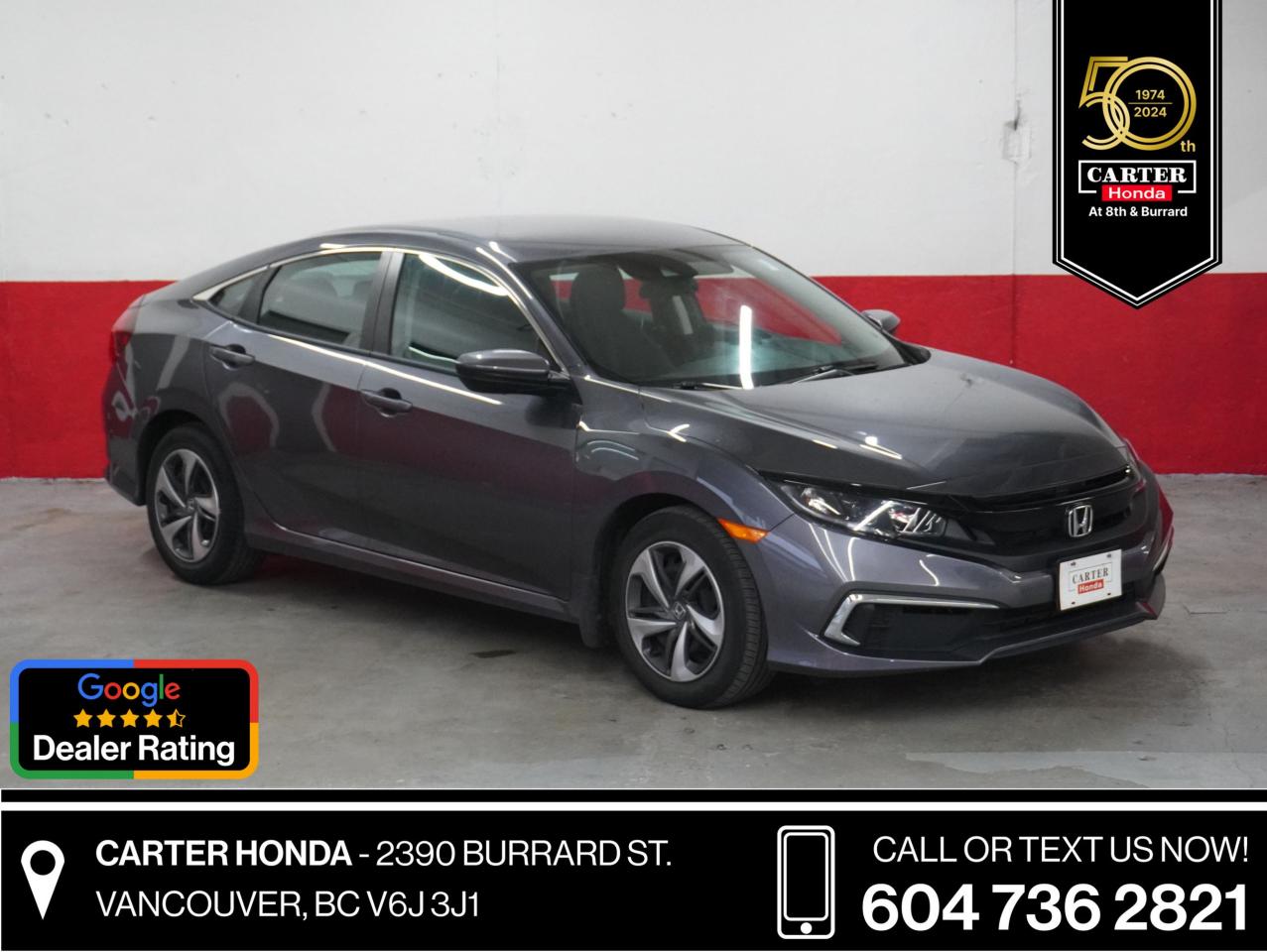 THIS RARE LOW KMS HONDA CIVIC LX IS CERTIFIED AND HAS FACTORY WARRANTY UNTIL MAY 29, 2028 OR 160,000 KMS, WHICHEVER COMES FIRST. NO (0) accidents. Front and rear brakes are at 7/10 mm. Front tires are at 8/10 32nds, rear tires are at 7/10 32nds. This 2021 civic lx has bluetooth, backup camera, Apple Carplay, Android auto, heated seats and heated mirrors, a/c, traction control, collision mitigation braking, lane assist, adaptive cruise and too much more to list. 


WHY CARTER HONDA? 

Exceeding our Customers Expectations for Over 30 Years.

Upfront Pricing, ZERO Hidden Fees and 7-Day Exchange Policy 
 
4.5 Google Star Rating with 2000+ Customer Reviews
 	2023, 2022 and 2021 Dealer of the Year Award from Dealer Rater
 	CARFAX - Full Vehicle Service History 
 	Vehicle Trades Welcome! Best Price Guaranteed!

Award-Winning Honda Vehicle Selection
 	Fast Approvals and 99% Acceptance Rates
 	Multilingual Consultants
 	Comfortable Non-Pressured Showroom

Were here to help you drive the vehicle you want, the vehicle you deserve!
 
QUESTIONS? GREAT! WEVE GOT ANSWERS!
CALL OR TEXT US NOW! (604) 736-2821
(Doc. Fee: $795.00 | Dealer Code: 1100)