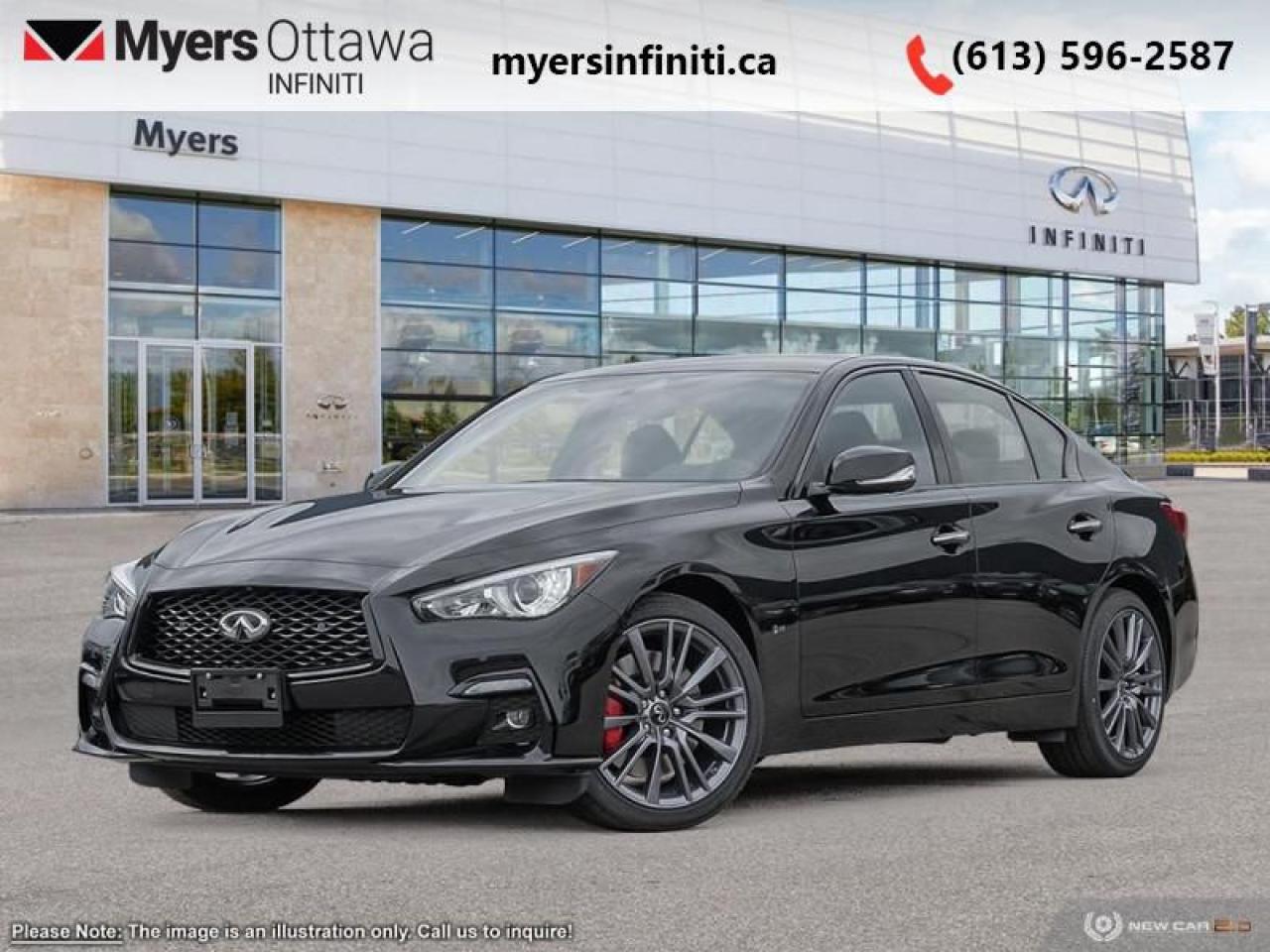 <b>Leather Seats,  Sunroof,  Apple CarPlay,  Android Auto,  Remote Start!</b><br> <br> <br> <br>  With infinite potential, this Q50 is engineered to thrill you every time. <br> <br>This gorgeous Infiniti Q50 is a meticulously engineered sports sedan, built with fun and comfort in mind. Impressive technology, adequate ergonomics and stellar dynamics make this Q50 a strong contender in this competitive vehicle class. Also bundled with cutting edge driver-assistive and safety systems, this 2024 Infiniti Q50 checks all the boxes and remains a desirable and versatile sports sedan.<br> <br> This midnight black sedan  has an automatic transmission and is powered by a  400HP 3.0L V6 Cylinder Engine.<br> <br> Our Q50s trim level is Red Sport I-LINE ProACTIVE. This Q50 has all the cool tech you need with Infiniti InTouch dual display infotainment with wireless Apple CarPlay and Android Auto, Siri EyesFree, Bluetooth hands free phone assistant, Wi-Fi, and streaming audio. Convenience features include heated seats and steering wheel, power liftgate, and forward emergency braking. The exterior features chrome exhaust tips, alloy wheels, rain sensing wipers, automatic LED lighting with fog lamps, and stylish perimeter approach lights. This Red Sport I-Line trim also comes with performance suspension, exclusive wheels, blacked out exterior trim, quilted leather seats with red accents, navigation, leather seats, a sunroof, Bose CentrePoint Audio, distance pacing, remote start, parking sensors, bling spot warning, and a 360 degree parking camera. This vehicle has been upgraded with the following features: Leather Seats,  Sunroof,  Apple Carplay,  Android Auto,  Remote Start,  Navigation,  Bose Performance Audio. <br><br> <br>To apply right now for financing use this link : <a href=https://www.myersinfiniti.ca/finance/ target=_blank>https://www.myersinfiniti.ca/finance/</a><br><br> <br/> Total  cash rebate of $10000 is reflected in the price. Credit includes $10,000 Non-Stackable Dollars. <br> Buy this vehicle now for the lowest bi-weekly payment of <b>$504.13</b> with $0 down for 84 months @ 8.99% APR O.A.C. ( taxes included, $921  and licensing fees    ).  Incentives expire 2025-01-02.  See dealer for details. <br> <br><br> Come by and check out our fleet of 30+ used cars and trucks and 50+ new cars and trucks for sale in Ottawa.  o~o