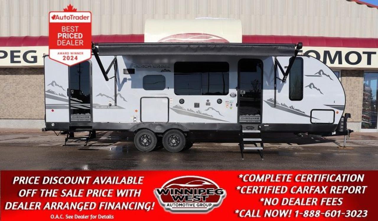 SALE PRICE: $32,800 **ASK US HOW TO RECEIVE A PRICE DISCOUNT WITH DEALER ARRANGED FINANCING O.A.C.** PLUS APPLICABLE TAXES. NO ADMINISTRATION FEES!!   

**OFF SEASON CLEAR OUT SALE ON NOW, WHOLESALE PRICING DIRECT TO CUSTOMER ON ALL RVS. DO NOT HESITATE TO GET AN AMAZING DEAL NOW & ALSO RECEIVE FREE ON-SITE STORAGE UNTIL SPRING 2025 WITH EVERY RV PURCHASE! BUY NOW WITH CONFIDENCE BEFORE THE SPRING PRICE INCREASE**  

This 2022 FOREST RIVER CHEROKEE BLACK LABEL 274BRBBL SPECIAL EDITION RV is a 33ft full sized, ultra lite-weight RV with Rear Bunks and a Big Slide that delivers lots of space without lots of weight. Its loaded with Amazing luxury features and its made by Forest River, a trusted name in quality and craftsmanship. 

2022 Forest River Black Label 274BRBBL! Sleeps up to 10!

- Size: 33 FOOT
- Weight: 6,355 lbs DRY, 692 lbs hitch weight
- Capacity: 3,630 lbs cargo capacity, 40 gal fresh water capacity, 28 gal black water capacity, 38 gal gray water capacity, 60 lbs LP tank capacity
- BIG SLIDE (Dinette and Sofa )
- LARGE OPEN CONCEPT MID KITCHEN/LIVING ROOM LAYOUT WITH TONS OF FRAMELESS WINDOWS
- DELUXE CHEF KITCHEN 
- SLEEPS 10 (Rear Double Bunks)
- Double-Size Bunks
- U-Shaped Dinette
- PRIVATE FRONT MASTER BEDROOM
- LARGE BATHROOM with DELUXE shower and 2ND outdoor entrance!
- DELUXE BATH SET UP
- ENTERTAINMENT WALL READY FOR A FLAT SCREEN TV 
- FIRE PLACE
- AMPLE STORAGE THROUGHOUT INCLUDING HUGE PANTRY
- LARGE POWER AWNING
- DUAL ENTRANCE DOORS
- POWER HITCH WITH FRONT & REAR STABILIZER JACKS 
- OUTSIDE KITCHEN WITH COOK-TOP AND MINI FRIDGE
- CAMPFIRE & BASE CAMP PACKAGES 
- FULL GLASS ENTRANCE DOOR PKG
- GEL COATED FIBERGLASS 
- POWER TONGUE JACK 
- ALUMINUM RIMS
- LED EXTERIOR CLEARANCE AND TAILLIGHTS
- AND SO MUCH MORE...

This unique layout allows you to relax in the living area on the sofa or U-shaped dinette while enjoying the fireplace and picture window, just steps away from the kitchen amenities including a farm sink, full-size pantry and residential refrigerator.  The cook will also enjoy having an outside kitchen to make a few meals which includes a refrigerator, a stovetop and hot and cold sprayer.  You will also appreciate the dual entry for convenience and safety as well as the double-size bunks that sleep four.  And you will have your own walk-around queen bed with dual wardrobes and more storage when you want some privacy. 

Head to your favorite park in this Family friendly RV that can sleep ten people. Youll find dual entry doors; one leading into the main living area, and one leading into the full size bathroom (no need to go thru the entire trailer to use the bathroom anymore!). Prepare lunch for everyone on the outside kitchen and enjoy the shade of the 15 awning. Once you head inside, you will be greeted to an amazing looking modern camper, with beautiful black accents, leather couch and dinette and so much more that you will be WOWED by! Great place for relaxing on the tri-fold sofa or booth dinette. The kids can climb into the double bunk beds for a rest, and the full bath allows everyone to freshen up before bed! 

With any Cherokee Black Label by Forest River, there is Power Gear frame technology and space saver rail design, a seamless roofing membrane with heat reflectivity, a supersize, central air conditioning unit with quick cool air dump feature, and an armored underbelly tank enclosure.  Some of the additional features provided by for Black Label models include an LG solid surface countertop, a pillowtop mattress, and designer fabric, plus a battery disconnect and a power tongue jack.  

Enjoy full featured luxury living in this Forest River Black Label Edition Ultra Lite RV! Constructed with Gel-coated Fiberglass sidewalls, LED lighting inside and out, and so much more. This is one great looking and highly functional RV inside and out that not only looks great but will turn heads when you roll by! What a great RV you and the family will love to get out to the lake on the weekend or head across the country on an amazing lifetime adventure! The interior of this trailer has amazing space and amazing looks from the leatherette sofa and Dinette, to the black full size fridge and accessories, with amazing kitchen space and a huge pantry! This is anything from a small trailer but yet has the small trailer attributes, like easy setup and pulling!

Move outside and theres the huge outdoor kitchen complete with mini fridge and cook top for all the outside cooking and fun! There is a big 15-foot power awning to cover you in those hot or rainy days and of course inside air conditioning for the hot summer nights. This full size Lightweight travel trailer will Sleep up to 10 making it perfect for Vacationing, Adventuring or just Relaxing on a seasonal lot - it has a great family layout with a large group or family in mind. Set up is a breeze with 4 corner Stabilizing jacks and a power front hitch jack. 

We have completed a full Safety Inspection based on the Manitoba Fire Commissioners Office guidelines,  this RV comes with a Clean CARFAX history report and we have several extended warranty options available to choose from to protect your RV and your wallet. New MRSP to replace today is close to $70,000. Now Priced to sell (HUGE VALUE!!!) Zero down financing OAC with very Low monthly payments avail. Please see dealer for details. Trades accepted. View at Winnipeg West Automotive Group, 5195 Portage Ave. Dealer permit # 4365, Call now 1-(888) 601-3023.