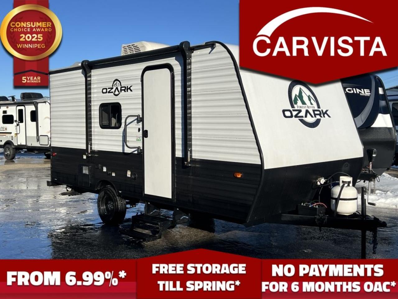 FREE WINTER STORAGE FOR 2024/SPRING 2025 ON UNITS PURCHASED!* See dealer for details. No Payments for up to 6 months. Low interest options available! Come see why Carvista has been the Consumer Choice Award Winner for 5 consecutive years! 2021-2025!

Are you ready to embark on unforgettable adventures with a camper that perfectly balances comfort, convenience, and affordability? This 2023 Forest River Ozark 16BHLE is designed for families, couples, or solo travelers who want to explore the great outdoors without sacrificing the comforts of home. Heres everything you need to know about this exceptional camper:

Weight: 2899lbs

GVWR: 3850 lbs

Hitch weight: 350 lbs

Key Features & Specifications

Exterior

Lightweight Design: At just 2889 lbs dry weight, this camper is towable by many SUVs and mid-size trucks, making it accessible for a variety of vehicles. 
Compact Size: Measures approximately 20 feet in length, allowing easy maneuverability and access to more remote camping spots.
Durable Construction: Built with Forest Rivers rugged aluminum exterior for durability and longevity.
Single-Axle Trailer: Provides easy towing and handling.
Solar-Ready: Equipped with a pre-installed solar prep system for off-grid adventures.
Large Power Awning: Includes integrated LED lighting for comfortable outdoor relaxation, day or night.
Outdoor Storage: Generous pass-through storage area for gear, chairs, and camping essentials.

Interior

Sleeping Capacity: Comfortably sleeps up to 6 people with a queen-sized bed, twin bunk beds, and a convertible dinette.
Queen Bed: Features an upgraded foam mattress for a restful nights sleep.
Bunk Beds: Sturdy, twin-size bunks with safety rails and USB charging ports for kids or guests.
Dinette Conversion: The booth-style dinette easily transforms into an additional sleeping space.
Modern Kitchen:

Two-Burner Gas Stove: Compact yet functional for cooking on the go.
Microwave: Convenient for quick meals or reheating leftovers.
Refrigerator/Freezer Combo: 12V electric fridge with ample space for perishables and drinks.
Bathroom:

Fully enclosed with a foot-flush toilet and a standing shower.
Vent fan for optimal airflow and moisture control.
Climate Control:

Roof-mounted air conditioner and a propane furnace to keep you comfortable in any season.
Insulated walls for efficient temperature regulation.
Entertainment:

Prepped for a flat-screen TV with a built-in antenna.
Bluetooth-enabled stereo system with interior and exterior speakers.
LED Electric Fireplace

Utilities

Fresh Water Capacity: 39 gallons.
Grey Water Tank: 30 gallons.
Black Water Tank: 30 gallons.
Power Options: 30-amp shore power connection, battery backup capability.
Propane Tanks: Twin 20 lb tanks included.

Additional Features

Modern, neutral interior design with easy-to-clean surfaces and ample storage throughout.
Energy-efficient LED lighting inside and out.
Safety features include smoke and CO2 detectors, fire extinguisher, and an emergency exit window.

Why Choose the Forest River Ozark 16BHLE?

This camper is a top choice for families or first-time RVers seeking a lightweight, feature-rich trailer at an affordable price point. Its compact size, thoughtful layout, and robust amenities make it perfect for weekend getaways, cross-country road trips, or off-grid camping adventures.

Come see why Carvista has been the Consumer Choice Award Winner for 5 consecutive years! 2021, 2022, 2023, 2024 and 2025! Dont play the waiting game, our units are in-stock, no pre-order necessary!! See for yourself why Carvista has won this prestigious award and continues to serve its community. Carvista Approved! Our RVista package includes a complete inspection of your camper that includes general testing of the camper systems! We pride ourselves in providing the highest quality trailers possible, and include a rigorous detail to ensure you get the cleanest trailer around.
Prices and payments exclude GST OR PST 
Carvista Inc. Dealer Permit # 1211
Category: Used Camper
Units may not be exactly as shown, please verify all details with a sales person.