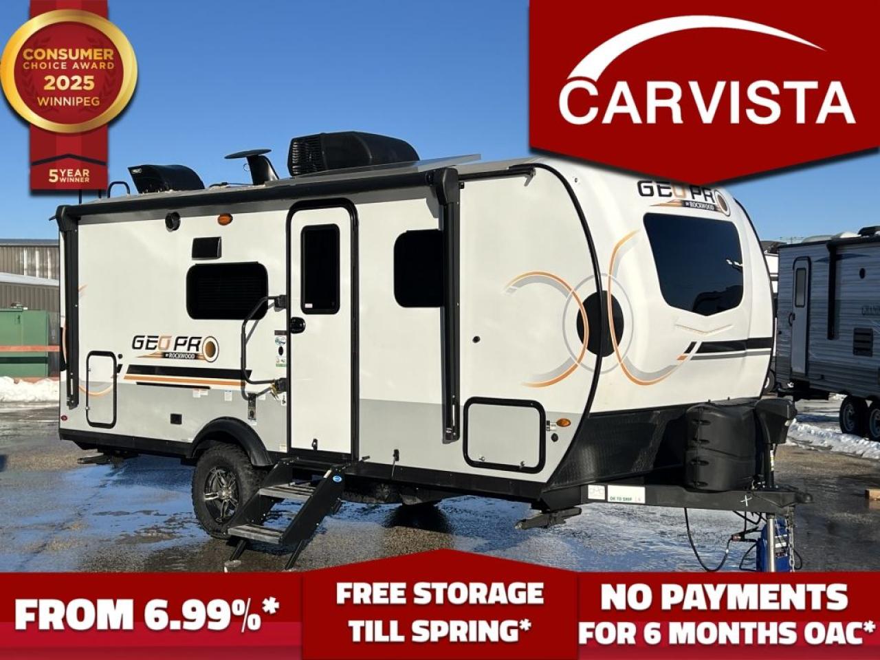 FREE WINTER STORAGE FOR 2024/SPRING 2025 ON UNITS PURCHASED!* See dealer for details. No Payments for up to 6 months. Low interest options available! Come see why Carvista has been the Consumer Choice Award Winner for 5 consecutive years! 2021-2025!

Are you ready to elevate your camping adventures? This 2022 Forest River Rockwood Geo Pro 20FBS travel trailer combines luxury, functionality, and convenience in a compact yet spacious design. Perfect for couples or small families, this lightweight and easy-to-tow trailer is packed with premium features that make it your home away from home.

Key Features

Interior

Spacious Front Bedroom: Enjoy a comfortable queen-sized bed with plush mattress, overhead cabinets, and side wardrobes for ample storage.
Rear Bathroom: A full bathroom with a walk-in shower, porcelain toilet, vanity, medicine cabinet, and linen closet ensures you have all the comforts of home.
Modern Kitchen: Features a three-burner gas stove, oven, microwave, and a double-door refrigerator/freezer. The solid surface countertops and stainless steel sink with high-rise faucet make meal prep a breeze.
Comfortable Living Area: The slide-out houses a sofa with a fold-down center console and cupholders, which can also convert into an extra sleeping space for guests.
Entertainment Center: Includes a flat-screen TV, multi-zone sound system, Bluetooth connectivity, and pre-wiring for satellite and cable.
Efficient Climate Control: Equipped with ducted air conditioning and a high-efficiency furnace to keep you comfortable year-round.

Exterior

Lightweight Construction: Built with an aluminum frame and vacuum-laminated fiberglass sidewalls for durability and reduced weight.
Power Awning: A full-length LED-lit power awning creates the perfect outdoor living space.
Exterior cooking range
Storage Galore: Exterior pass-through storage provides plenty of room for your gear and camping essentials.
Roof Access Ladder: Makes it easy to check and maintain the fully walkable roof.
Tires and Suspension: Equipped with torsion axles and Goodyear Endurance tires for a smooth towing experience.

Additional Features

Solar Equipped: Solar panel to keep your batteries charged during off-grid adventures.
Inverter system
WiFi Ranger: Enhance your internet connectivity wherever you go.
Dual Propane Tanks: Extend your stay with two propane tanks for cooking and heating.
Electric/Propane 6 gallon water heater. 

Specifications

Length: 20’2”
Dry Weight: 3442 lbs
GVWR: 4400 lbs
Hitch Weight: 400 lbs.
Fresh Water Capacity: 31 gallons
Grey Water Capacity: 30 gallons
Black Water Capacity: 30 gallons

Come see why Carvista has been the Consumer Choice Award Winner for 5 consecutive years! 2021, 2022, 2023, 2024 and 2025! Dont play the waiting game, our units are in-stock, no pre-order necessary!! See for yourself why Carvista has won this prestigious award and continues to serve its community. Carvista Approved! Our RVista package includes a complete inspection of your camper that includes general testing of the camper systems! We pride ourselves in providing the highest quality trailers possible, and include a rigorous detail to ensure you get the cleanest trailer around.
Prices and payments exclude GST OR PST 
Carvista Inc. Dealer Permit # 1211
Category: Used Camper
Units may not be exactly as shown, please verify all details with a sales person.