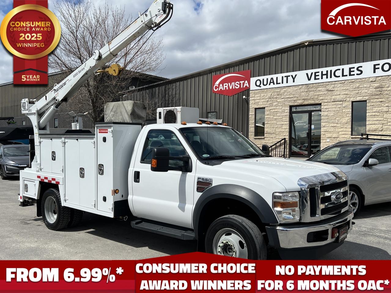 CONSECUTIVE COMSUMER CHOICE AWARD WINNERS FOR OUTSTANDING BUSINESS! LOW DEALER FINANCING RATES*, NO PAYMENTS FOR 6 MONTHS*! 



Dont want to spend $270000+ outfitting a new F550 with similar equipment?  This extremely well kept and maintained 2008 Ford F-550 service truck has only 64000KM and is powered by a 6.4L Powerstroke diesel with 4x4  

Equipped with a Maintainer 6000 series hydraulic crane with remote control system (4300LB lift capacity), Tommy Gate power lift gate (1600 lb capacity), Ingersoll Rand VHP40RMH air compressor with only 50 hours, and a Lincoln Electric Weldanpower G8000 with only 87 hours 
Full "Maintainer" cargo/utility storage box system with dual tool/part chest drawers, and 6 storage compartments  

Contact us for more information 

5 years running, consecutive receivers of the prestigious Consumer Choice Award in 2021, 2022, 2023, 2024 and 2025! Low rate dealer arranged financing available!
At Carvista we offer a unique buying experience, with no deceiving finance gimmicks and trades are welcome but not required!  Carvista is a family operated business that has been in business for over 25 years, and has earned a A+ BBB Accreditation and outstanding consumer accolades Offering 175 quality pre-owned vehicles, all are certified and Carfax verified, most with remaining factory warranty and a modern facility located on Winnipegs Regent Ave strip  We welcome you to visit us at 1201 Regent Ave W, at Carvista, and drive away in a like new vehicle for less  In many cases we can offer no payments for 6 months! Dont let your trade or credit stop you, we accept any kind, any time CARVISTA.CA, "Where the deals are" 
Prices and payments exclude GST OR PST
Carvista Inc Dealer Permit # 1211, Category: Used Vehicle
 Please verify all ad details with a Carvista sales person, vehicle may not be exactly as shown.