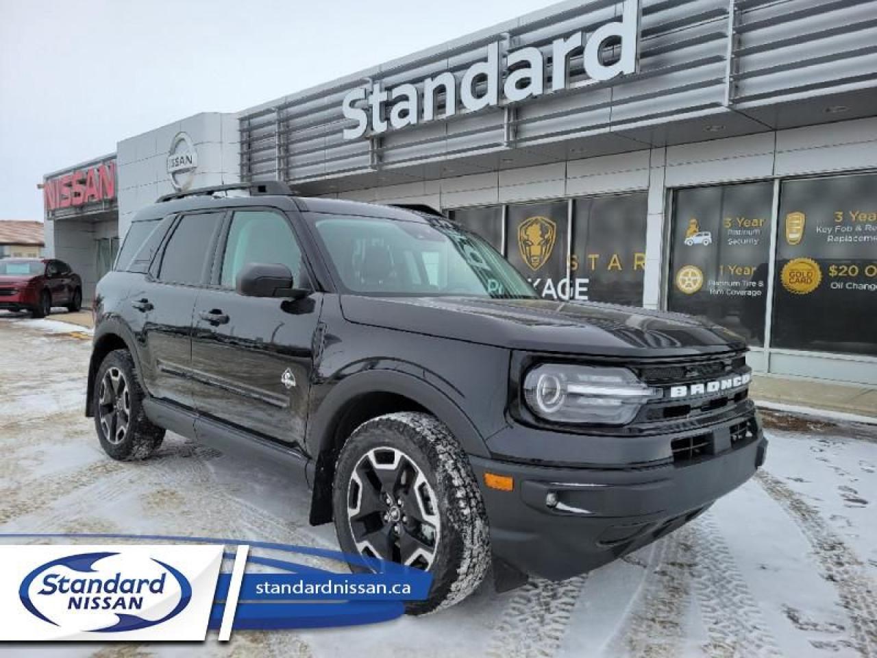 <b>Apple CarPlay,  Android Auto,  Forward Collision Alert,  Ford Co-Pilot360,  Remote Start!</b><br> <br>  Compare at $33925 - Our Price is just $32937! <br> <br>   If off-roading capability is what you need, this Bronco Sport is up to the challenge, sacrificing very little capability thanks to it smaller footprint. This  2022 Ford Bronco Sport is for sale today in Swift Current. <br> <br>A compact footprint, an iconic name, and modern luxury come together to make this Bronco Sport and instant classic. Whether your next adventure takes you deep into the rugged wilds, or into the rough and rumble city, this Bronco Sport is exactly what you need. With enough cargo space for all of your gear, the capability to get you anywhere, and a manageable footprint, theres nothing quite like this Ford Bronco Sport.This  SUV has 47,390 kms. Its  shadow black in colour  . It has an automatic transmission and is powered by a  181HP 1.5L 3 Cylinder Engine.  This unit has some remaining factory warranty for added peace of mind. <br> <br> Our Bronco Sports trim level is Outer Banks. Stepping up to this Bronco Sport Outer Banks package is a great choice as it includes leather heated front seats, a leather wrapped and heated steering wheel, unique aluminum wheels, a reverse sensing system, a proximity key with push button start and power seats. It also includes LED accent lighting, Co-Pilot360, a useful flip-up rear window, fog lamps, automatic climate control and heated side mirrors. On the inside, it features a SYNC 3 infotainment system with an 8 inch touchscreen and is paired with Apple CarPlay and Android Auto, a smart charging USB port, 60/40 split-fold rear seats, remote keyless entry, FordPass Connect. It helps keep you safe with lane keeping assist, automatic emergency braking, blind spot monitoring and rear cross traffic alert. This vehicle has been upgraded with the following features: Apple Carplay,  Android Auto,  Forward Collision Alert,  Ford Co-pilot360,  Remote Start,  Proximity Key,  Tow Package. <br> To view the original window sticker for this vehicle view this <a href=http://www.windowsticker.forddirect.com/windowsticker.pdf?vin=3FMCR9C67NRD97376 target=_blank>http://www.windowsticker.forddirect.com/windowsticker.pdf?vin=3FMCR9C67NRD97376</a>. <br/><br> <br>To apply right now for financing use this link : <a href=https://www.standardnissan.ca/finance/apply-for-financing/ target=_blank>https://www.standardnissan.ca/finance/apply-for-financing/</a><br><br> <br/><br>Why buy from Standard Nissan in Swift Current, SK? Our dealership is owned & operated by a local family that has been serving the automotive needs of local clients for over 110 years! We rely on a reputation of fair deals with good service and top products. With your support, we are able to give back to the community. <br><br>Every retail vehicle new or used purchased from us receives our 5-star package:<br><ul><li>*Platinum Tire & Rim Road Hazzard Coverage</li><li>**Platinum Security Theft Prevention & Insurance</li><li>***Key Fob & Remote Replacement</li><li>****$20 Oil Change Discount For As Long As You Own Your Car</li><li>*****Nitrogen Filled Tires</li></ul><br>Buyers from all over have also discovered our customer service and deals as we deliver all over the prairies & beyond!#BetterTogether o~o