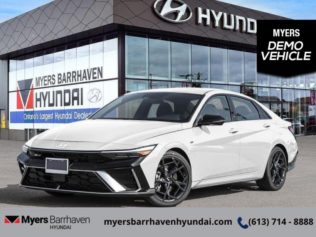 <b>Sport Suspension,  Premium Audio,  Adaptive Cruise Control,  Sunroof,  Navigation!</b><br> <br> <br> <br>  This 2025 Elantra is bringing the classic sedan back with bold, edgy, forward-thinking design. <br> <br>This 2025 Elantra was made to be the sharpest compact sedan on the road. With tons of technology packed into the spacious and comfortable interior, along with bold and edgy styling inside and out, this family sedan makes the unexpected your daily driver. <br> <br> This atlas sedan  has an automatic transmission and is powered by a  201HP 1.6L 4 Cylinder Engine.<br> <br> Our Elantras trim level is N Line Ultimate DCT. This trim rewards you with sport-tuned suspension, an 8-speaker Bose audio system, sunroof, dual-zone climate control, remote engine start, front heated seats with a heated steering wheel, remote keyless entry, aluminum-alloy wheels, and an upgraded 10.25-inch display with inbuilt navigation, Apple CarPlay and Android Auto. Safety features also include adaptive cruise control, highway driving assist, blind spot detection, lane keeping assist with lane departure warning, front and rear collision mitigation, and forward collision avoidance with pedestrian detection. This vehicle has been upgraded with the following features: Sport Suspension,  Premium Audio,  Adaptive Cruise Control,  Sunroof,  Navigation,  Climate Control,  Remote Start.  This is a demonstrator vehicle driven by a member of our staff, so we can offer a great deal on it.<br><br> <br/> See dealer for details. <br> <br> o~o