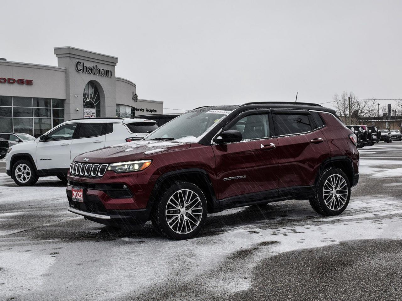 2022 Jeep Compass 4D Sport Utility Limited Velvet Red Pearlcoat 4WD. Odometer is 8459 kilometers below market average! 4WD I4 9-Speed Automatic<br><br><br>Here at Chatham Chrysler, our Financial Services Department is dedicated to offering the service that you deserve. We are experienced with all levels of credit and are looking forward to sitting down with you. Chatham Chrysler Proudly serves customers from London, Ridgetown, Thamesville, Wallaceburg, Chatham, Tilbury, Essex, LaSalle, Amherstburg and Windsor with no distance being ever too far! At Chatham Chrysler, WE CAN DO IT!