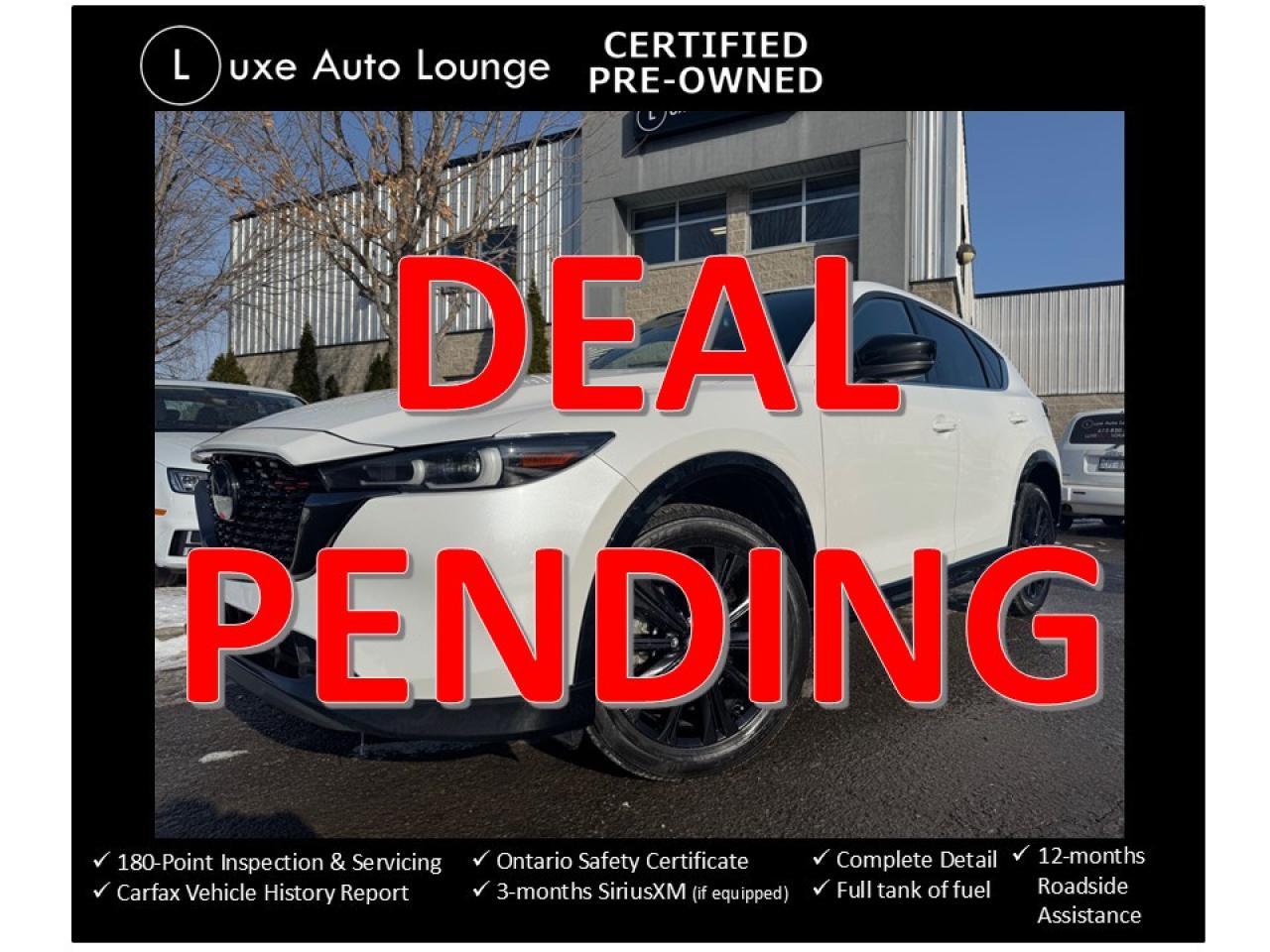 <p>WOW!! Compare at over $47000 brand new!!! A savings of more than $16000!!! This 2022 Mazda CX5 Sport Design Turbo is the FULLY LOADED, ALL WHEEL DRIVE SUV that you have been looking for! Features include: power sunroof, navigation, Bose audio system, heated and cooled seats, heated steering wheel, power seats, bluetooth hands-free, SiriusXM satellite radio, power hatch, push-button start and more!</p><p><span style=font-size: 16px; caret-color: #333333; color: #333333; font-family: Work Sans, sans-serif; white-space: pre-wrap; -webkit-text-size-adjust: 100%; background-color: #ffffff;>This vehicle comes Luxe certified pre-owned, which includes: 180-point inspection & servicing, oil lube and filter change, minimum 50% material remaining on tires and brakes, Ontario safety certificate, complete interior and exterior detailing, Carfax Verified vehicle history report, guaranteed one key (additional keys may be purchased at time of sale), FREE 90-day SiriusXM satellite radio trial (on factory-equipped vehicles) & full tank of fuel! </span><span style=background-color: #ffffff; color: #333333; font-family: Work Sans, sans-serif; font-size: 16px; caret-color: #333333; white-space-collapse: preserve;>Remember, we built our business on quality, trust, service, and we deliver. PERIOD.</span></p><p><span style=background-color: #ffffff; color: #333333; font-family: Work Sans, sans-serif; font-size: 16px; caret-color: #333333; white-space-collapse: preserve;>Priced at ONLY $248 bi-weekly with $1500 down over 72 months at 6.98% (cost of borrowing is $1899 per $10000 financed) OR cash purchase price of $32995 (both prices are plus HST and licensing). Call today and book your test drive appointment!</span></p>