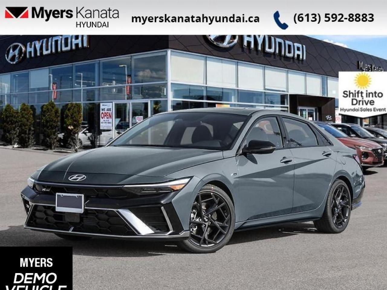 <b>Sport Suspension,  Premium Audio,  Adaptive Cruise Control,  Sunroof,  Navigation!</b><br> <br> <br> <br>  This 2025 Elantra is bringing the classic sedan back with bold, edgy, forward-thinking design. <br> <br>This 2025 Elantra was made to be the sharpest compact sedan on the road. With tons of technology packed into the spacious and comfortable interior, along with bold and edgy styling inside and out, this family sedan makes the unexpected your daily driver. <br> <br> This amazon gry sedan  has an automatic transmission and is powered by a  201HP 1.6L 4 Cylinder Engine.<br> <br> Our Elantras trim level is N Line Ultimate DCT. This trim rewards you with sport-tuned suspension, an 8-speaker Bose audio system, sunroof, dual-zone climate control, remote engine start, front heated seats with a heated steering wheel, remote keyless entry, aluminum-alloy wheels, and an upgraded 10.25-inch display with inbuilt navigation, Apple CarPlay and Android Auto. Safety features also include adaptive cruise control, highway driving assist, blind spot detection, lane keeping assist with lane departure warning, front and rear collision mitigation, and forward collision avoidance with pedestrian detection. This vehicle has been upgraded with the following features: Sport Suspension,  Premium Audio,  Adaptive Cruise Control,  Sunroof,  Navigation,  Climate Control,  Remote Start.  This is a demonstrator vehicle driven by a member of our staff, so we can offer a great deal on it.<br><br> <br>To apply right now for financing use this link : <a href=https://www.myerskanatahyundai.com/finance/ target=_blank>https://www.myerskanatahyundai.com/finance/</a><br><br> <br/>    This vehicle may qualify for $500 Military Program Bonus. Eligible customers may qualify for the Hyundai 0.50% Loyalty Finance Rate Reduction - certain restrictions may apply. 6.29% financing for 96 months. <br> Buy this vehicle now for the lowest weekly payment of <b>$120.24</b> with $0 down for 96 months @ 6.29% APR O.A.C. ( Plus applicable taxes -  $2596 and licensing fees    ).  Incentives expire 2025-07-31.  See dealer for details. <br> <br>This vehicle is located at Myers Kanata Hyundai 400-2500 Palladium Dr Kanata, Ontario. <br><br> Come by and check out our fleet of 20+ used cars and trucks and 60+ new cars and trucks for sale in Kanata.  o~o