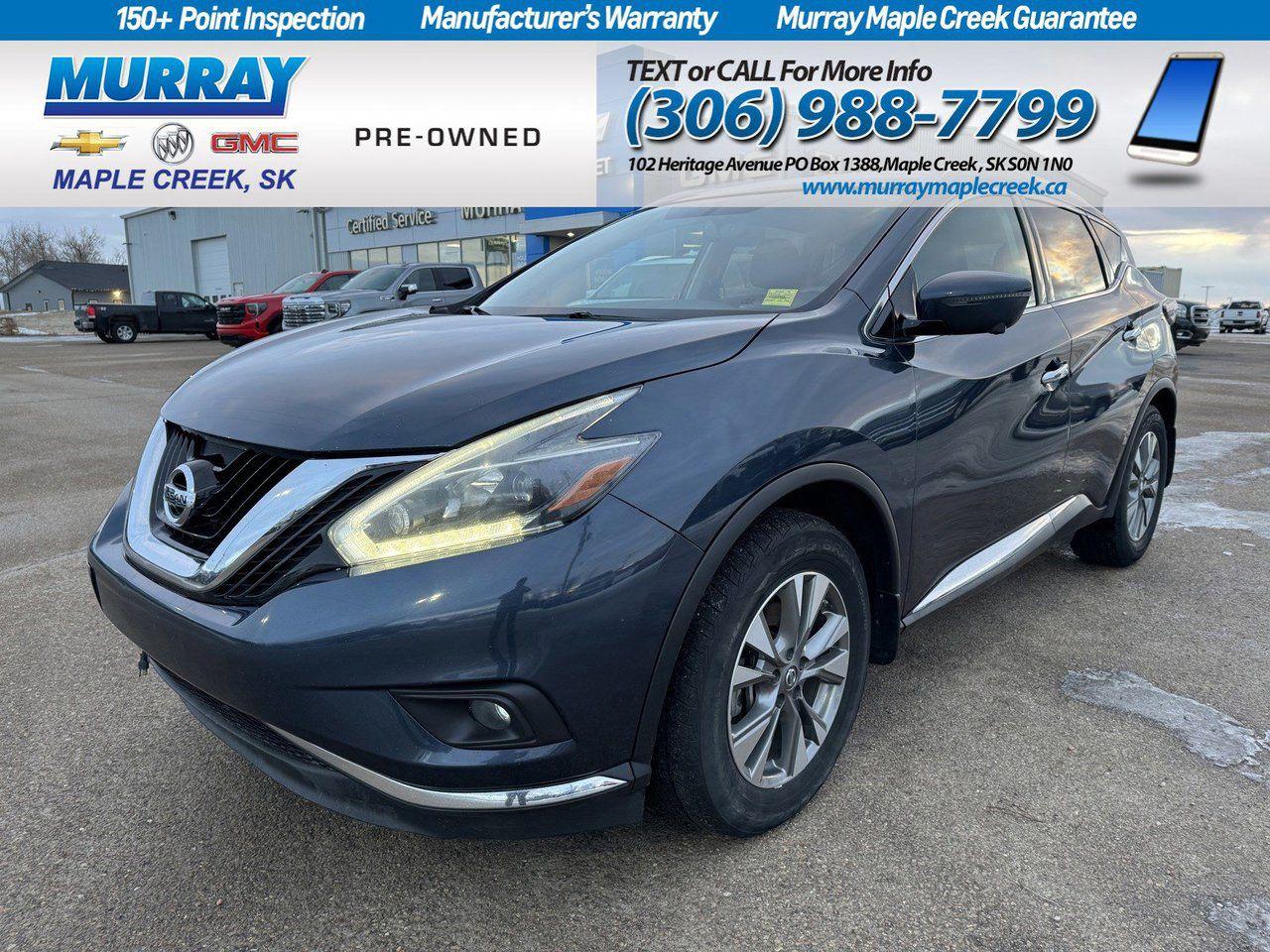 Turn heads with the bold sophistication of our 2018 Nissan Murano SL AWD thats stunning in Arctic Blue Metallic finish! Powered by a 3.5 Litre V6 that produces 260hp perfectly paired with a CVT for effortless passing power. Our sure-footed All Wheel Drive is ready for any terrain and will reward you with approximately 8.4L/100km on the highway! Premium is one word that best describes the exterior of our Murano! Enjoy unique alloy wheels, LED daytime running lights, fog lights, power liftgate, and silver roof rails designed to make you smile. Climb into our SL and be amazed by the cabin with amenities such as a panoramic sunroof, heated leather seats, a heated steering wheel, Bose premium stereo, and available Sirius XM for all your audio needs. Add a full-color navigation system with an intelligent around-view monitor for maximum driving convenience and comfort. This Murano SL from Nissan is up for any task, with terrific performance and functionality to enhance your daily routine. It also received excellent safety scores and is well-equipped with an advanced airbag system, ABS, stability/traction control, blind-spot warning, backup camera, Driver Attention Alert, and other features to provide you and yours with safety and security. Start loving your daily drive! Save this Page and Call for Availability. We Know You Will Enjoy Your Test Drive Towards Ownership!