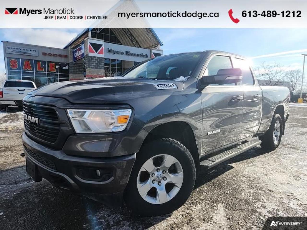 <b>Aluminum Wheels, Chrome Accents, Proximity Key, Touchscreen, Streaming Audio, Rear Camera, Cruise Control, Tow Hitch, Fog Lights<br> <br></b><br>   Compare at $33980 - Our Price is just $32990! <br> <br>   Beauty meets brawn with this rugged Ram 1500. This  2020 Ram 1500 is fresh on our lot in Manotick. <br> <br>The Ram 1500 delivers power and performance everywhere you need it, with a tech-forward cabin that is all about comfort and convenience. Loaded with best-in-class features, its easy to see why the Ram 1500 is so popular. With the most towing and hauling capability in a Ram 1500, as well as improved efficiency and exceptional capability, this truck has the grit to take on any task. This   4X4 pickup  has 89,316 kms. Its  granite crystal metallic in colour  . It has an automatic transmission and is powered by a  HE<MI engine. <br> <br> Our 1500s trim level is Big Horn. This Ram 1500 Big Horn comes very well equipped with stylish aluminum wheels, comfortable cloth seats and premium carpet floors, a leather steering wheel, Uconnect with a large touchscreen, wireless streaming audio, USB input jacks, and a useful rear view camera. This awesome pickup truck also includes power heated side mirrors, proximity keyless entry, cruise control, an HD suspension, towing equipment, chrome bumpers with rear step, chrome exterior accents, fog lights and much more.<br> To view the original window sticker for this vehicle view this <a href=http://www.chrysler.com/hostd/windowsticker/getWindowStickerPdf.do?vin=1C6SRFBT4LN260991 target=_blank>http://www.chrysler.com/hostd/windowsticker/getWindowStickerPdf.do?vin=1C6SRFBT4LN260991</a>. <br/><br> <br>To apply right now for financing use this link : <a href=https://CreditOnline.dealertrack.ca/Web/Default.aspx?Token=3206df1a-492e-4453-9f18-918b5245c510&Lang=en target=_blank>https://CreditOnline.dealertrack.ca/Web/Default.aspx?Token=3206df1a-492e-4453-9f18-918b5245c510&Lang=en</a><br><br> <br/><br> Buy this vehicle now for the lowest weekly payment of <b>$126.07</b> with $0 down for 84 months @ 9.99% APR O.A.C. ( Plus applicable taxes -  and licensing fees   ).  See dealer for details. <br> <br>If youre looking for a Dodge, Ram, Jeep, and Chrysler dealership in Ottawa that always goes above and beyond for you, visit Myers Manotick Dodge today! Were more than just great cars. We provide the kind of world-class Dodge service experience near Kanata that will make you a Myers customer for life. And with fabulous perks like extended service hours, our 30-day tire price guarantee, the Myers No Charge Engine/Transmission for Life program, and complimentary shuttle service, its no wonder were a top choice for drivers everywhere. Get more with Myers! <br>*LIFETIME ENGINE TRANSMISSION WARRANTY NOT AVAILABLE ON VEHICLES WITH KMS EXCEEDING 140,000KM, VEHICLES 8 YEARS & OLDER, OR HIGHLINE BRAND VEHICLE(eg. BMW, INFINITI. CADILLAC, LEXUS...)<br> Come by and check out our fleet of 40+ used cars and trucks and 70+ new cars and trucks for sale in Manotick.  o~o