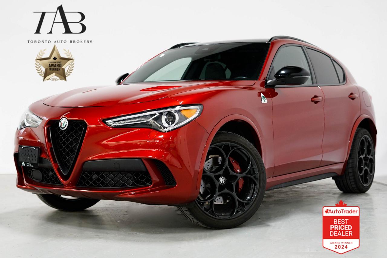 This 2022 Alfa Romeo Stelvio Quadrifoglio is a Local Ontario Vehicle with Clean Carfax Report and has remaining warranty until April 20,2026 or 80,000kms. It is the pinnacle of Italian engineering and design in the luxury SUV segment. Known for its thrilling performance and breathtaking aesthetics, this all-wheel-drive masterpiece offers unmatched handling dynamics, all while exuding sophistication and exclusivity.  

Key Features:  

- Rosso GTA(PHS) $1700
- Aluminium Wheels, Front and Rear Performance Tires $1600
- 2.9L Twin-Turbo V6 Engine 
- All-Wheel Drive 
- 21-Inch Alloy Wheels
- Active Assist Plus Package 
- Carbon Fiber Interior and Exterior Accents  
- Alcantara and Leather Sport Seats  
- 8.8-Inch Touchscreen Infotainment System  
- Apple CarPlay and Android Auto Integration  
- Harman Kardon Premium Audio System  
- Adaptive Suspension with Drive Modes  
- Panoramic Sunroof
- Advanced Safety Features, Including Lane Keep Assist , Lane Departure Warning , Cruise Control Steering Assist , Drive Monitoring, Adaptive Cruise Control , Blind Spot Monitor. 
- Dual-Zone Climate Control
- Performance Brakes with Red Calipers  
- Power Liftgate 

NOW OFFERING 3 MONTH DEFERRED FINANCING PAYMENTS ON APPROVED CREDIT.

WE OFFER THE BEST FINANCE RATES, AND DONT CHARGE ANY FINANCING FEE

Looking for a top-rated pre-owned luxury car dealership in the GTA? Look no further than Toronto Auto Brokers (TAB)! Were proud to have won multiple awards, including the 2024 AutoTrader Best Priced Dealer, 2024 CBRB Dealer Award, the Canadian Choice Award 2024, the 2024 BNS Award, the 2024 Three Best Rated Dealer Award, and many more!

With 30 years of experience serving the Greater Toronto Area, TAB is a respected and trusted name in the pre-owned luxury car industry. Our 30,000 sq.Ft indoor showroom is home to a wide range of luxury vehicles from top brands like BMW, Mercedes-Benz, Audi, Porsche, Land Rover, Jaguar, Aston Martin, Bentley, Maserati, and more. 

At TAB, were committed to providing a no-pressure environment and honest work ethics. As a family-owned and operated business, we treat every customer like family and ensure that every interaction is a positive one. Come experience the TAB Lifestyle at its truest form, luxury car buying has never been more enjoyable and exciting!

We offer a variety of services to make your purchase experience as easy and stress-free as possible. From competitive and simple financing and leasing options to extended warranties, aftermarket services, and full history reports on every vehicle, we have everything you need to make an informed decision. We welcome every trade, even if youre just looking to sell your car without buying, and when it comes to financing or leasing, we offer same day approvals, with access to over 50 lenders, including all of the banks in Canada. Feel free to check out your own Equifax credit score without affecting your credit score, simply click on the Equifax tab above and see if you qualify.

So if youre looking for a luxury pre-owned car dealership in Toronto, look no further than TAB! We proudly serve the GTA, including Toronto, Etobicoke, Woodbridge, North York, York Region, Vaughan, Thornhill, Richmond Hill, Mississauga, Scarborough, Markham, Oshawa, Peteborough, Hamilton, Newmarket, Orangeville, Aurora, Brantford, Barrie, Kitchener, Niagara Falls, Oakville, Cambridge, Kitchener, Waterloo, Guelph, London, Windsor, Orillia, Pickering, Ajax, Whitby, Durham, Cobourg, Belleville, Kingston, Ottawa, Montreal, Vancouver, Winnipeg, Calgary, Edmonton, Regina, Halifax, and more.

Call us today or visit our website to learn more about our inventory and services. And remember, all prices exclude applicable taxes and licensing, and vehicles can be certified at an additional cost of $799.