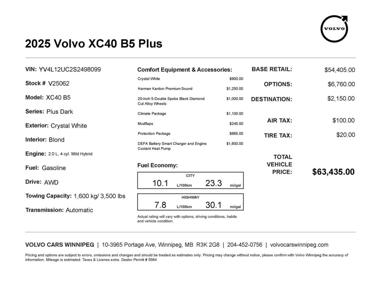 Reward yourself with exclusive benefits in your purchase of a New or Pre-Owned vehicle from Volvo Cars Winnipeg:

-Personalized setup with complimentary technical support for all your vehicle inquiries
-Complimentary Mobile App and Remote Starter Setup (on applicable models)
-Exclusive access to Volvo brand loaners
- Complimentary rental vehicles for your scheduled service appointments when necessary
- A Volvo Valet concierge pick-up and return service to make your servicing needs easy and convenient
- Complimentary interior and exterior clean with your service appointments
- Access to private launch and customer appreciation events
- A state of the art facility with full coffee service and luxurious amenities while you visit
- Factory-trained Volvo technicians who care about ensuring the longevity, safety, and efficiency of your vehicle
- And many more benefits for being a loyal member of the Volvo Winnipeg Family!

Looking for something specific that we currently do not have in our new or pre-owned inventory? Let us find it for you!

Configure and customize your purchase online at www.volvocarswinnipeg.com or call us at 204-452-0756 today.
Dealer permit #5564