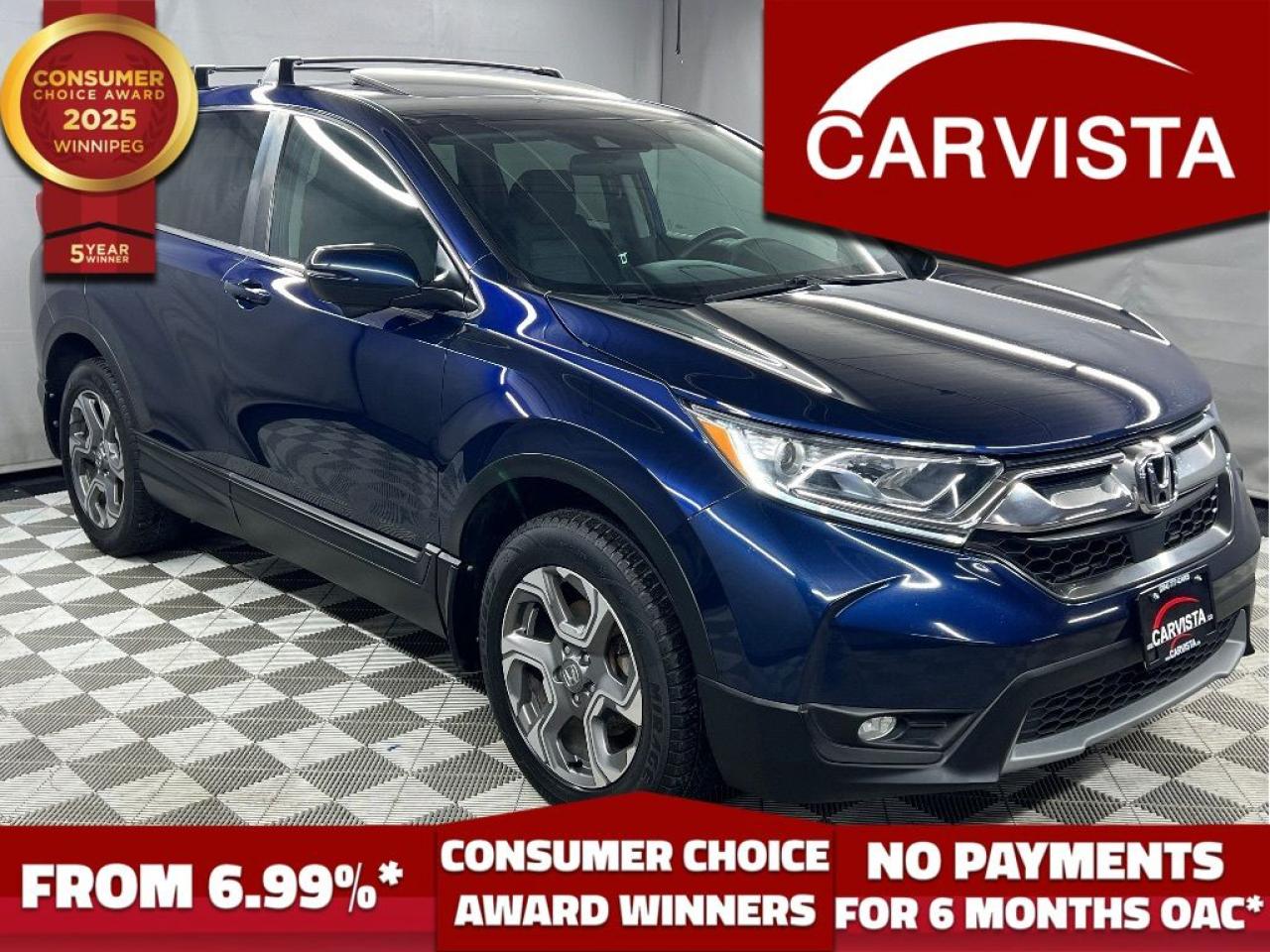 CONSECUTIVE COMSUMER CHOICE AWARD WINNERS FOR OUTSTANDING BUSINESS! LOW DEALER FINANCING RATES*, NO PAYMENTS FOR 6 MONTHS*!   5 years running, consecutive receivers of the prestigious Consumer Choice Award in 2021, 2022, 2023, 2024 and 2025! Low rate dealer arranged financing available!
HEATED SEATS, REMOTE START, REVERSE CAMERA, BLUETOOTH HANDSFREE, ADAPTIVE CRUISE CONTROL, FRONT CRASH DETECTION, LANE ASSIST, DUAL CLIMATE CONTROLS, SUNROOF, POWER LIFTGATE

The 2019 Honda CR-V EX AWD is a versatile and well equipped compact SUV designed to provide comfort, convenience, and safety With its sleek and modern exterior, this CR-V features a bold front grille, stylish alloy wheels, and a power liftgate for effortless access to the cargo area The spacious interior is designed for both driver and passenger comfort, offering heated front seats, dual-zone climate control, and a power sunroof that fills the cabin with natural light

Technology and safety are at the forefront, with advanced features such as adaptive cruise control, lane keeping assist, and front crash detection to enhance your driving confidence The remote start system ensures the vehicle is warmed up and ready before you even step inside, while the all wheel drive system provides superior traction and control in various road conditions Whether youre commuting through the city or embarking on a road trip, the 2019 Honda CR-V EX AWD delivers a smooth, responsive ride with the reliability and efficiency Honda is known for.

At Carvista we offer a unique buying experience, with no deceiving finance gimmicks and trades are welcome but not required!  Carvista is a family operated business that has been in business for over 25 years, and has earned a A+ BBB Accreditation and outstanding consumer accolades Offering 175 quality pre-owned vehicles, all are certified and Carfax verified, most with remaining factory warranty and a modern facility located on Winnipegs Regent Ave strip  We welcome you to visit us at 1201 Regent Ave W, at Carvista, and drive away in a like new vehicle for less  In many cases we can offer no payments for 6 months! Dont let your trade or credit stop you, we accept any kind, any time CARVISTACA, "Where the deals are" 
Prices and payments exclude GST OR PST
Carvista Inc. Dealer Permit # 1211, Category: Used Vehicle
 Please verify all ad details with a Carvista sales person, vehicle may not be exactly as shown. 

.