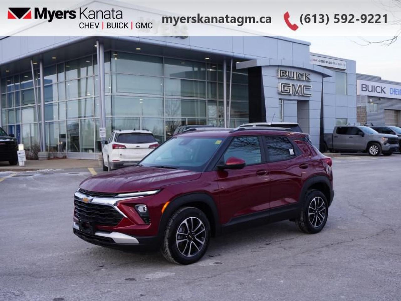 <b>Heated Seats,  Heated Steering Wheel,  Blind Spot Detection,  Remote Start,  Apple CarPlay!</b><br> <br> <br> <br>At Myers, we believe in giving our customers the power of choice. When you choose to shop with a Myers Auto Group dealership, you dont just have access to one inventory, youve got the purchasing power of an entire auto group behind you!<br> <br>  With power and efficiency, this 2025 Trailblazer takes the lead in design. <br> <br>After a long day of work, you need a car to work just as hard for you. With a surprisingly spacious cabin, plenty of power, and incredible efficiency, this Trailblazer is begging to be in your squad. When its time to grab the crew and all their gear to make some memories, this versatile and adventurous Trailblazer is an obvious choice.<br> <br> This crimson metallic SUV  has an automatic transmission and is powered by a  137HP 1.2L 3 Cylinder Engine.<br> <br> Our Trailblazers trim level is LT. This Trailblazer LT trim steps things up with a Cold Weather Package that adds heated driver and front passenger seats and a heated steering wheel, and also includes blind spot detection and rear cross traffic alert with rear park assist. Its also loaded with great standard features like an 11-inch diagonal HD infotainment screen with wireless Apple and Android Auto, Wi-Fi Hotspot capability, SiriusXM satellite radio, and an 8-inch digital drivers display. Safety features also include automatic emergency braking, front pedestrian braking, lane keeping assist with lane departure warning, following distance indication, forward collision alert, and IntelliBeam high beam assistance. This vehicle has been upgraded with the following features: Heated Seats,  Heated Steering Wheel,  Blind Spot Detection,  Remote Start,  Apple Carplay,  Android Auto,  Lane Departure Warning. <br><br> <br>To apply right now for financing use this link : <a href=https://www.myerskanatagm.ca/finance/ target=_blank>https://www.myerskanatagm.ca/finance/</a><br><br> <br/>    Incentives expire 2025-01-31.  See dealer for details. <br> <br>Myers Kanata Chevrolet Buick GMC Inc is a great place to find quality used cars, trucks and SUVs. We also feature over a selection of over 50 used vehicles along with 30 certified pre-owned vehicles. Our Ottawa Chevrolet, Buick and GMC dealership is confident that youll be able to find your next used vehicle at Myers Kanata Chevrolet Buick GMC Inc. You will always find our inventory updated with the latest models. Our team believes in giving nothing but the best to our customers. Visit our Ottawa GMC, Chevrolet, and Buick dealership and get all the information you need today!<br> Come by and check out our fleet of 20+ used cars and trucks and 200+ new cars and trucks for sale in Kanata.  o~o