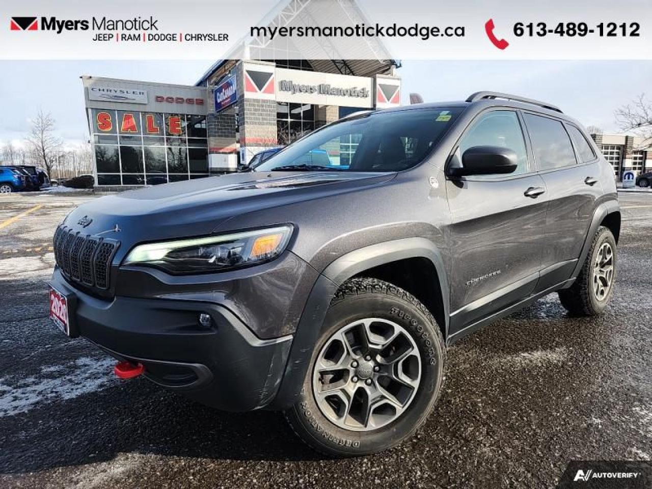 <b>Low Mileage, Navigation,  Aluminum Wheels,  Off-Road Suspension,  Android Auto,  Apple CarPlay!</b><br> <br>  Compare at $26667 - Our Price is just $25890! <br> <br>   This Jeep Cherokee is an affordable mid-size SUV thats equal parts capable, stylish, and very comfortable. This  2020 Jeep Cherokee is fresh on our lot in Manotick. <br> <br>With an exceptionally smooth ride and an award-winning interior, this Jeep Cherokee can take you anywhere in comfort and style. This Cherokee has a refined look without sacrificing its rugged presence. Experience the freedom of adventure and discover new territories with the unique and authentically crafted Jeep Cherokee. This low mileage  SUV has just 56,664 kms. Its  granite crystal metallic in colour  . It has an automatic transmission and is powered by a  271HP 3.2L V6 Cylinder Engine. <br> <br> Our Cherokees trim level is Trailhawk. This Cherokee Trailhawk has some off-road attitude with unique exterior accents, LED lighting with automatic headlamps and also comes with front fog lights. Additional features include unique aluminum wheels and an upgraded Uconnect 4 infotainment system with a 8.4 inch touch screen, Android Auto, Apple CarPlay, Selec-Terrain with Rock mode and driveline traction control, ParkView back-up camera, gloss black roof rails and remote keyless entry. You will also get a 12 way power driver seat and a 60-40 split bench rear seat, making this mighty SUV the ultimate weekend warrior! This vehicle has been upgraded with the following features: Navigation,  Aluminum Wheels,  Off-road Suspension,  Android Auto,  Apple Carplay,  Uconnect 4,  Selec-terrain. <br> To view the original window sticker for this vehicle view this <a href=http://www.chrysler.com/hostd/windowsticker/getWindowStickerPdf.do?vin=1C4PJMBX0LD517650 target=_blank>http://www.chrysler.com/hostd/windowsticker/getWindowStickerPdf.do?vin=1C4PJMBX0LD517650</a>. <br/><br> <br>To apply right now for financing use this link : <a href=https://CreditOnline.dealertrack.ca/Web/Default.aspx?Token=3206df1a-492e-4453-9f18-918b5245c510&Lang=en target=_blank>https://CreditOnline.dealertrack.ca/Web/Default.aspx?Token=3206df1a-492e-4453-9f18-918b5245c510&Lang=en</a><br><br> <br/><br> Buy this vehicle now for the lowest weekly payment of <b>$98.94</b> with $0 down for 84 months @ 9.99% APR O.A.C. ( Plus applicable taxes -  and licensing fees   ).  See dealer for details. <br> <br>If youre looking for a Dodge, Ram, Jeep, and Chrysler dealership in Ottawa that always goes above and beyond for you, visit Myers Manotick Dodge today! Were more than just great cars. We provide the kind of world-class Dodge service experience near Kanata that will make you a Myers customer for life. And with fabulous perks like extended service hours, our 30-day tire price guarantee, the Myers No Charge Engine/Transmission for Life program, and complimentary shuttle service, its no wonder were a top choice for drivers everywhere. Get more with Myers! <br>*LIFETIME ENGINE TRANSMISSION WARRANTY NOT AVAILABLE ON VEHICLES WITH KMS EXCEEDING 140,000KM, VEHICLES 8 YEARS & OLDER, OR HIGHLINE BRAND VEHICLE(eg. BMW, INFINITI. CADILLAC, LEXUS...)<br> Come by and check out our fleet of 40+ used cars and trucks and 70+ new cars and trucks for sale in Manotick.  o~o