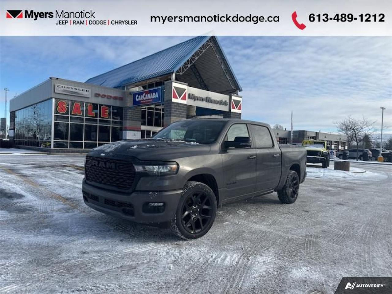 <b>Leather Seats,  Bucket Seats , Night Edition, Sunroof, Sport Performance Hood!</b><br> <br> <br> <br>Call 613-489-1212 to speak to our friendly sales staff today, or come by the dealership!<br> <br>  Beauty meets brawn with this rugged Ram 1500. <br> <br>The Ram 1500s unmatched luxury transcends traditional pickups without compromising its capability. Loaded with best-in-class features, its easy to see why the Ram 1500 is so popular. With the most towing and hauling capability in a Ram 1500, as well as improved efficiency and exceptional capability, this truck has the grit to take on any task.<br> <br> This granite crystal metallic Crew Cab 4X4 pickup   has an automatic transmission and is powered by a  420HP 3.0L Straight 6 Cylinder Engine.<br> <br> Our 1500s trim level is Sport. This Ram 1500 in Sport trim rewards you with front heated seats, a leather-wrapped heated steering wheel, a 360 camera system, a 10-speaker Alpine audio, and a 12-inch infotainment screen with inbuilt navigation, Apple CarPlay and Android Auto, and 4G LTE Wi-Fi hotspot. Additional features include class IV towing equipment, aluminum wheels, power adjustable pedals, intersection collision assist, evasion assist, lane keep assist with lane departure warning, and even more! This vehicle has been upgraded with the following features: Leather Seats,  Bucket Seats , Night Edition, Sunroof, Sport Performance Hood, Power Running Boards. <br><br> View the original window sticker for this vehicle with this url <b><a href=http://www.chrysler.com/hostd/windowsticker/getWindowStickerPdf.do?vin=1C6SRFVP1SN662139 target=_blank>http://www.chrysler.com/hostd/windowsticker/getWindowStickerPdf.do?vin=1C6SRFVP1SN662139</a></b>.<br> <br>To apply right now for financing use this link : <a href=https://CreditOnline.dealertrack.ca/Web/Default.aspx?Token=3206df1a-492e-4453-9f18-918b5245c510&Lang=en target=_blank>https://CreditOnline.dealertrack.ca/Web/Default.aspx?Token=3206df1a-492e-4453-9f18-918b5245c510&Lang=en</a><br><br> <br/> Total  cash rebate of $6773 is reflected in the price. Credit includes up to 7.5% off MSRP. <br> Buy this vehicle now for the lowest weekly payment of <b>$255.38</b> with $0 down for 96 months @ 5.49% APR O.A.C. ( Plus applicable taxes -  $1199  fees included in price    ).  Incentives expire 2025-03-31.  See dealer for details. <br> <br>If youre looking for a Dodge, Ram, Jeep, and Chrysler dealership in Ottawa that always goes above and beyond for you, visit Myers Manotick Dodge today! Were more than just great cars. We provide the kind of world-class Dodge service experience near Kanata that will make you a Myers customer for life. And with fabulous perks like extended service hours, our 30-day tire price guarantee, the Myers No Charge Engine/Transmission for Life program, and complimentary shuttle service, its no wonder were a top choice for drivers everywhere. Get more with Myers!<br> Come by and check out our fleet of 30+ used cars and trucks and 70+ new cars and trucks for sale in Manotick.  o~o