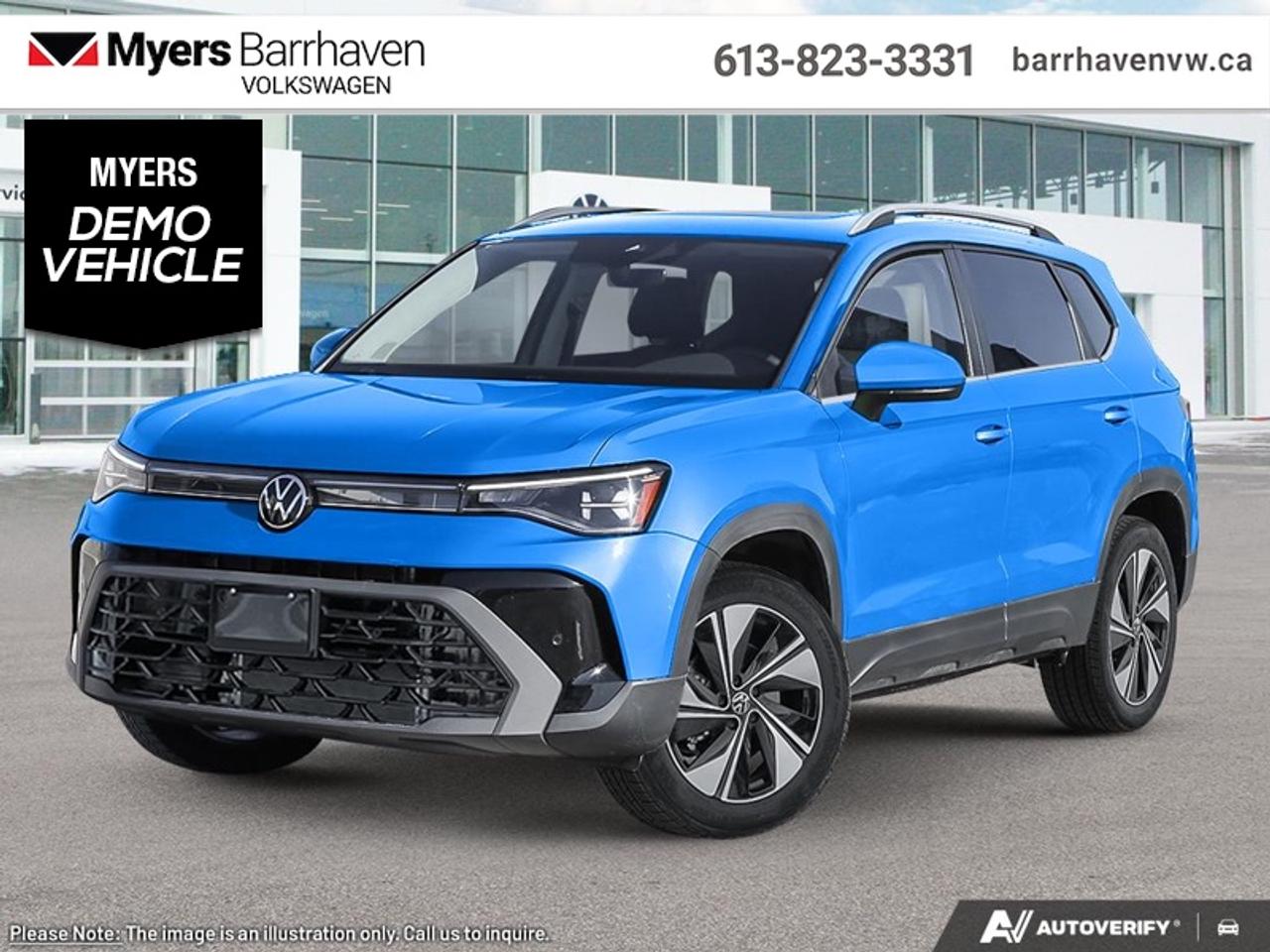 <b>Low Mileage, Cooled Seats,  Navigation,  Sunroof,  Parking Sensors,  Wireless Charing!</b><br> <br> The 2025 Volkswagen Taos features advanced safety and driver-assist technologies engineered to support your journey with confidence.<br> <br>From the outside, the 2025 Taos presents sleek body lines, a refreshed front fascia and modern lighting that reflect a confident, urban-ready look. Inside, the cabin features intuitive connectivity, quality materials and seating designed to comfortably accommodate both driver and passengers. With its thoughtful flexibility, smart features and Volkswagens commitment to reliability, the Taos offers a compelling choice for those seeking compact SUV versatility.<br> <br>This Cornflower Blue SUV has an Automatic transmission and is powered by a 1.5L I4 16V GDI DOHC Turbo engine. <br> <br> Our Taoss trim level is Highline. This trim rewards you with inbuilt navigation, a dual panel sunroof, front and rear parking sensors, wireless device charging, remote engine start, ventilated and heated front seats, a heated steering wheel, adaptive cruise control, and an 8-inch infotainment screen with Apple CarPlay and Android Auto. Safety features also include lane keep assist with lane departure warning, collision mitigation, blind spot alert, and autonomous emergency braking. This vehicle has been upgraded with the following features: Cooled Seats, Navigation, Sunroof, Parking Sensors, Wireless Charing, Remote Start, Leather Seats. This is a demonstrator vehicle driven by a member of our staff and has just 10283 km.<br><br> <br>To apply right now for financing use this link: <a href=https://www.barrhavenvw.ca/financing-request/ target=_blank>https://www.barrhavenvw.ca/financing-request/</a><br> <br/>Buy this vehicle now for the lowest bi-weekly payment of <b>$315.80</b> with $0 down for 84 months @ 8.99% APR O.A.C. ( Plus applicable taxes - $840 Doc fee. Cash purchase selling price includes: Tire Stewardship ($20.00), OMVIC Fee ($12.50). (HST) are extra. (HST), licence, insurance & registration not included. **Rebates may not apply to all purchase types. Conditions varysee dealer for details. ). See dealer for details. <br><br>We are your premier Volkswagen dealership in the region. If youre looking for a new Volkswagen or a car, check out Barrhaven Volkswagens new, pre-owned, and certified pre-owned Volkswagen inventories. We have the complete lineup of new Volkswagen vehicles in stock like the GTI, Golf R, Jetta, Tiguan, Atlas Cross Sport, Volkswagen ID.4 electric vehicle, and Atlas. If you cant find the Volkswagen model youre looking for in the colour that you want, feel free to contact us and well be happy to find it for you. If youre in the market for pre-owned cars, make sure you check out our inventory. If you see a car that you like, contact 844-914-4805 to schedule a test drive.<br> Come by and check out our fleet of 30+ used cars and trucks and 110+ new cars and trucks for sale in Nepean.  o~o