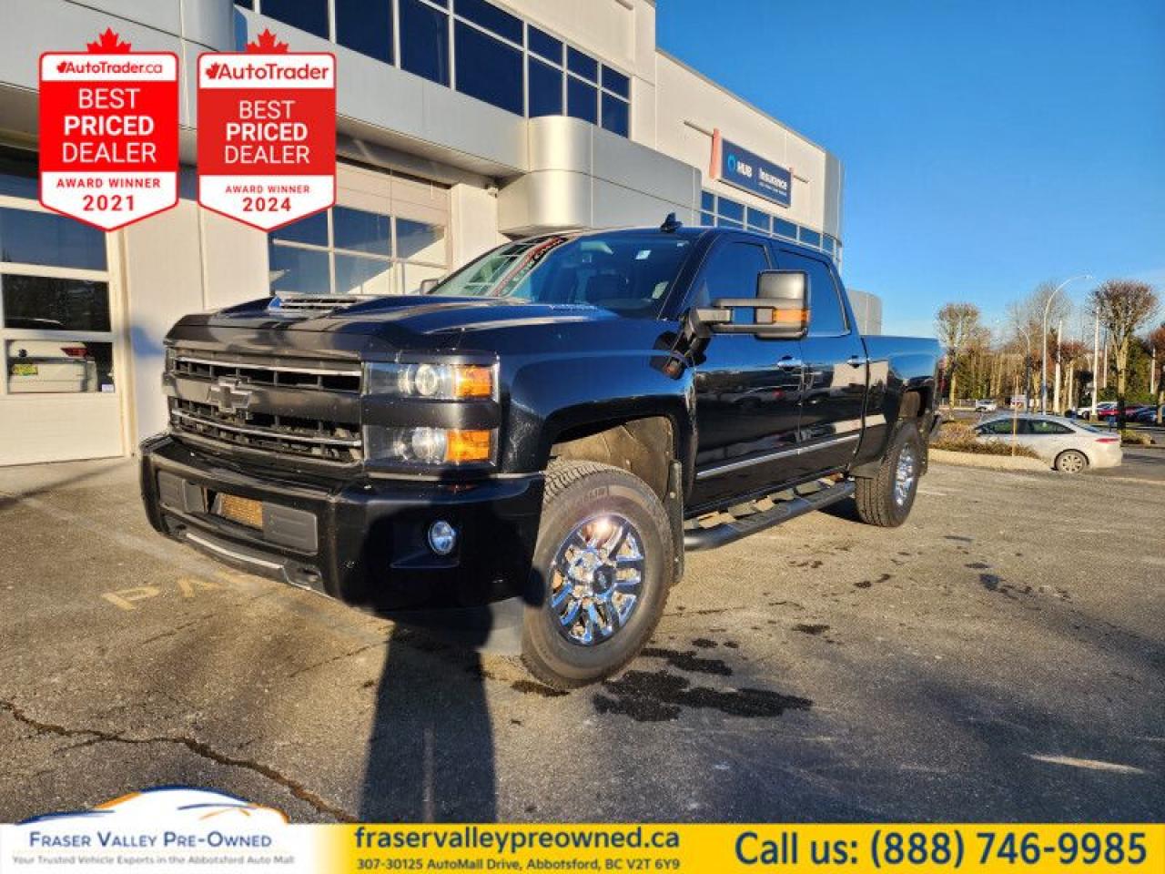 Navigation,  Wireless Charging,  Leather Seats,  Cooled Seats,  Premium Audio!
 
    Get the power you need and the comfort you want in this Chevy Silverado HD. This  2018 Chevrolet Silverado 3500HD is fresh on our lot in Abbotsford. 
 
Get the job done in comfort and style with this Chevrolet Silverado HD. Chevy trucks have a track record of capability and dependability and thats no different in this heavy duty pickup. It can handle the big jobs while providing good road manners around town and on the open road. No matter where the job takes you, get it done efficiently in a Chevrolet Silverado HD.This  sought after diesel Crew Cab 4X4 pickup  has 116,523 kms. Its  nice in colour  . It has a 6 speed automatic transmission and is powered by a  445HP 6.6L 8 Cylinder Engine.  It may have some remaining factory warranty, please check with dealer for details. 
 
 Our Silverado 3500HDs trim level is High Country. This top of the range 3500HD High Country comes with an incredible amount of luxury and capability. It features premium leather seat with heating and cooling, a remote engine start, wireless charging, a large 8 inch touch screen and navigation, Chevrolet MyLink and voice-activated technology, 12 way power seats with driver memory, exterior assist steps and unique exterior accents. This truck also offers a premium Bose audio system, a rear view camera, spray on bedliner, an EZ lift and lower tailgate, power heated exterior mirrors, a heated leather wrapped steering wheel, forward collision alert, lane keep assist plus Ultrasonic front and rear park assist and so much more. This vehicle has been upgraded with the following features: Navigation,  Wireless Charging,  Leather Seats,  Cooled Seats,  Premium Audio,  Chrome Accents,  Forward Collision Warning. 
 
To apply right now for financing use this link : https://www.fraservalleypreowned.ca/abbotsford-car-loan-application-british-columbia
 
 

| Our Quality Guarantee: We maintain the highest standard of quality that is required for a Pre-Owned Dealership to operate in an Auto Mall. We provide an independent 360-degree inspection report through licensed 3rd Party mechanic shops. Thus, our customers can rest assured each vehicle will be a reliable, and responsible purchase.  |  Purchase Disclaimer: Your selected vehicle may have a differing finance and cash prices. When viewing our vehicles on third party  marketplaces, please click over to our website to verify the correct price for the vehicle. The Sale Price on third party websites will always reflect the Finance Price of our vehicles. If you are making a Cash Purchase, please refer to our website for the Cash Price of the vehicle.  | All prices are subject to and do not include, a $995 Finance Fee, and a $995 Document Fee.   These fees as well as taxes, are included in all listed listed payment quotes. Please speak with Dealer for full details and exact numbers.  o~o