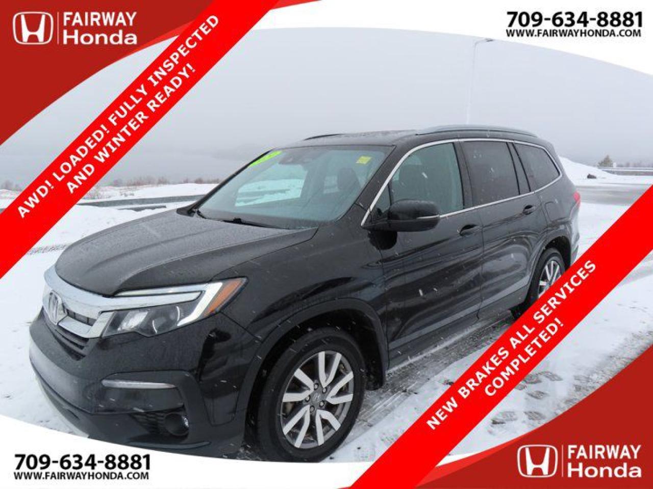 Awards:* ALG Canada Residual Value AwardsNew Price!Black Forest Pearl 2020 Honda Pilot EX-L AWD! LOADED! NEW BRAKES ALL SERVICES COMPLETED! AWD 6-Speed Automatic 3.5L V6 SOHC i-VTEC 24V*Professionally Detailed*, *Market Value Pricing*, AWD, 18 Aluminum Alloy Wheels, 3rd row seats: split-bench, 4-Wheel Disc Brakes, 7 Speakers, A/V remote: CabinControl, ABS brakes, Air Conditioning, AM/FM radio: SiriusXM, Apple CarPlay/Android Auto, Auto High-beam Headlights, Auto-dimming Rear-View mirror, Automatic temperature control, Brake assist, Bumpers: body-colour, Compass, Delay-off headlights, Driver door bin, Driver vanity mirror, Drivers Seat Mounted Armrest, Dual front impact airbags, Dual front side impact airbags, Electronic Stability Control, Emergency communication system, Exterior Parking Camera Rear, Forward collision: Collision Mitigation Braking System (CMBS) + FCW mitigation, Four wheel independent suspension, Front anti-roll bar, Front Bucket Seats, Front dual zone A/C, Front fog lights, Front reading lights, Fully automatic headlights, Garage door transmitter: HomeLink, Heated door mirrors, Heated Front Bucket Seats, Heated front seats, Heated rear seats, Honda Satellite-Linked Navigation System, Illuminated entry, Lane departure: Lane Keeping Assist System (LKAS) active, Leather Shift Knob, Leather-Trimmed Seating Surfaces, Low tire pressure warning, Memory seat, Navigation system: Honda Satellite-Linked Navigation System, Occupant sensing airbag, Outside temperature display, Overhead airbag, Overhead console, Panic alarm, Passenger door bin, Passenger seat mounted armrest, Passenger vanity mirror, Power door mirrors, Power driver seat, Power Liftgate, Power moonroof, Power passenger seat, Power steering, Power windows, Radio data system, Radio: 264-Watt AM/FM Audio System, Rear air conditioning, Rear anti-roll bar, Rear reading lights, Rear window defroster, Rear window wiper, Reclining 3rd row seat, Remote keyless entry, Roof rack: rails only, Security system, SiriusXM, Speed control, Speed-sensing steering, Split folding rear seat, Spoiler, Steering wheel mounted audio controls, Tachometer, Telescoping steering wheel, Tilt steering wheel, Traction control, Trip computer, Turn signal indicator mirrors, Variably intermittent wipers.Honda Certified Details:* Multipoint Inspection* 24 hours/day, 7 days/week* Exclusive finance rates on Certified Pre-Owned Honda models* 7 year / 160,000 km Power Train Warranty whichever comes first. This is an additional 2 year/60,000 kms beyond the original factory Power Train warranty. Honda Certified Used Vehicles also have the option to upgrade to a Honda Plus Extended Warranty* Vehicle history report. Access to MyHonda* 7 day/1,000 km exchange privilege whichever comes firstReviews:* Many owners say the Pilot drives like it looks big, comfortable, and stable. Ease of entry and exit, even for larger or mobility-challenged passengers, is well rated; and rear-seats are said to be usable by adults on longer trips. In all aspects of interior space and storage, the Pilot seems to have hit the mark. Other owner-stated plusses include confident traction from the fully automatic though part-time all-wheel drive system, and an excellent driving position, backed by above-average outward visibility. Source: autoTRADER.caFairway Honda - Community Driven!