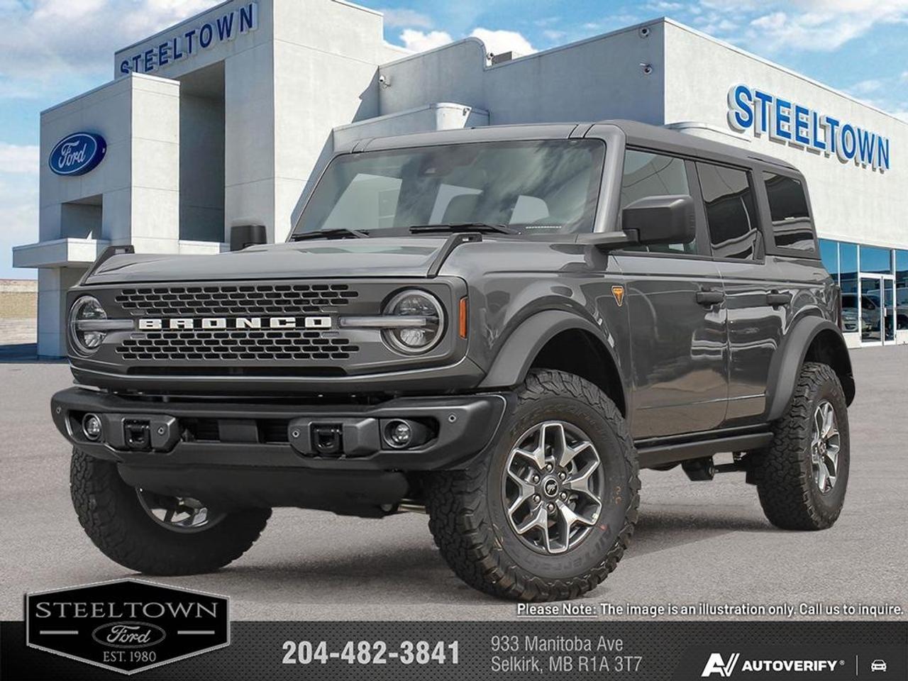 <b>Navigation,  LED Lights,  Aluminum Wheels,  Sunroof,  Off-Road Suspension!</b><br> <br> <br> <br>We value your TIME, we wont waste it or your gas is on us!   We offer extended test drives and if you cant make it out to us we will come straight to you!<br> <br>Turn heads with this stylish yet remarkably capable 2025 Ford Bronco. <br> <br>With a nostalgia-inducing design along with remarkable on-road driving manners with supreme off-road capability, this 2025 Ford Bronco is indeed a jack of all trades and masters every one of them. Durable build materials and functional engineering coupled with modern day infotainment and driver assistive features ensure that this iconic vehicle takes on whatever you can throw at it.<br> <br>This Carbonized Grey Metallic SUV has an Automatic transmission and is powered by a 315HP 2.7L V6 Cylinder Engine. <br> <br> Our Broncos trim level is Badlands. Go the distance over any terrain in this Bronco Badlands, with even more undercarriage protection, robust Bilstein shock absorbers, front active anti-roll bars, front and rear tow hooks, and an assortment of upfitter switches. The seats are lined with marine-grade vinyl, with rubber floor covering, for easy rinsing after your intense off-road sessions. Other features include a manual targa composite 1st row sunroof, a manual convertible hard top with fixed rollover protection, a flip-up rear window, LED headlights with automatic high beams, and proximity keyless entry with push button start. Connectivity is handled by a 12-inch LCD screen powered by SYNC 4 with inbuilt navigation, wireless Apple CarPlay and Android Auto, with SiriusXM satellite radio. Additional features include towing equipment including trailer sway control, pre-collision assist with pedestrian detection, forward collision mitigation, a rearview camera, and even more. This vehicle has been upgraded with the following features: Navigation, LED Lights, Aluminum Wheels, Sunroof, Off-Road Suspension, Apple CarPlay, Android Auto.<br><br> View the original window sticker for this vehicle with this url <b><a href=http://www.windowsticker.forddirect.com/windowsticker.pdf?vin=1FMEE9BP0SLA40971 target=_blank>http://www.windowsticker.forddirect.com/windowsticker.pdf?vin=1FMEE9BP0SLA40971</a></b>.<br> <br>To apply right now for financing use this link: <a href=http://www.steeltownford.com/?https://CreditOnline.dealertrack.ca/Web/Default.aspx?Token=bf62ebad-31a4-49e3-93be-9b163c26b54c&La target=_blank>http://www.steeltownford.com/?https://CreditOnline.dealertrack.ca/Web/Default.aspx?Token=bf62ebad-31a4-49e3-93be-9b163c26b54c&La</a><br><br> <br/> Total  rebate of $7000 is reflected in the price.   5.49% financing for 84 months.  Incentives expire 2026-04-30.  See dealer for details. <br> <br>Family owned and operated in Selkirk for 35 Years.  <br>Steeltown Ford is located just 20 minutes North of the Perimeter Hwy, with an onsite banking center that offers free consultations. <br>Ask about our special dealer rates available through all major banks and credit unions.<br>Dealer retains all rebates, plus taxes, govt fees and Steeltown Protect Plus.<br>Steeltown Ford Protect Plus includes:<br>- Life Time Tire Warranty <br>Dealer Permit # 1039<br><br><br> Come by and check out our fleet of 100+ used cars and trucks and 170+ new cars and trucks for sale in Selkirk.  o~o