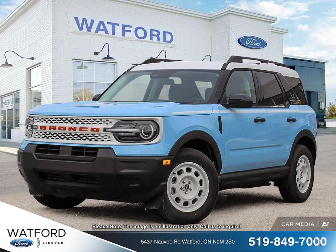 <p>HERITAGE 4X4

ENGINE: 1.5L ECOBOOST
TRANSMISSION: 8-SPEED AUTOMATIC
EQUIPMENT GROUP 250A
ROBINS EGG BLUE
STANDARD PAINT
NAVY PIER PLAID CLOTH HEATED FRONT BUCKET SE
CONVENIENCE PACKAGE
POWER MOONROOF
FRONT & REAR FLOOR LINERS W/O CARPET MATS
CARGO MAT</p>
<a href=http://www.watfordford.com/new/inventory/Ford-Bronco_Sport-2025-id11730033.html>http://www.watfordford.com/new/inventory/Ford-Bronco_Sport-2025-id11730033.html</a>