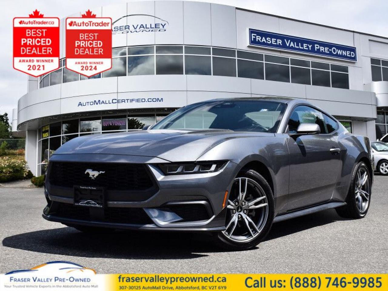 Blind Spot Detection,  Lane Keeping Assist,  Lane Departure Warning,  4G Wi-Fi,  Proximity Key!
 
 Fraser Valley Pre-Owned is excited to present this stunning 2024 Ford Mustang EcoBoost Fastback with very low kilometers! This iconic sports car combines impressive performance with modern technology, making it a thrilling choice for driving enthusiasts.
 
This Mustang EcoBoost comes loaded with a host of exciting features, including:
 
LED headlights that enhance visibility while giving the front end a bold look
Smart device remote engine start for added convenience, warming up your car before you step inside
FordPass Connect tracking to keep you connected on the go
Smart device integration for seamless access to your favorite apps
A dazzling 13.2-inch touchscreen equipped with SYNC 4.0 QNX, putting advanced infotainment at your fingertips
 
Safety is paramount in this Mustang, with cutting-edge features such as:
 
Blind spot detection to help you drive with confidence
Lane keeping assist with lane departure warning to ensure you stay on track
Automatic emergency braking to help prevent collisions before they happen
Front and rear collision mitigation for added peace of mind
 
This 2024 Ford Mustang EcoBoost embodies the spirit of classic American muscle with a modern twist, making it an exceptional choice for those who appreciate style and performance.
 
Don’t let this opportunity fly by! Contact our Sales and Finance team or apply for Pre-Approval today, and let’s get you behind the wheel of this remarkable Ford Mustang EcoBoost!
 To view the original window sticker for this vehicle view this http://www.windowsticker.forddirect.com/windowsticker.pdf?vin=1FA6P8TH2R5103559. 

 
To apply right now for financing use this link : https://www.fraservalleypreowned.ca/abbotsford-car-loan-application-british-columbia
 
 

| Our Quality Guarantee: We maintain the highest standard of quality that is required for a Pre-Owned Dealership to operate in an Auto Mall. We provide an independent 360-degree inspection report through licensed 3rd Party mechanic shops. Thus, our customers can rest assured each vehicle will be a reliable, and responsible purchase.  |  Purchase Disclaimer: Your selected vehicle may have a differing finance and cash prices. When viewing our vehicles on third party  marketplaces, please click over to our website to verify the correct price for the vehicle. The Sale Price on third party websites will always reflect the Finance Price of our vehicles. If you are making a Cash Purchase, please refer to our website for the Cash Price of the vehicle.  | All prices are subject to and do not include, a $995 Finance Fee, and a $995 Document Fee.   These fees as well as taxes, are included in all listed listed payment quotes. Please speak with Dealer for full details and exact numbers.  o~o