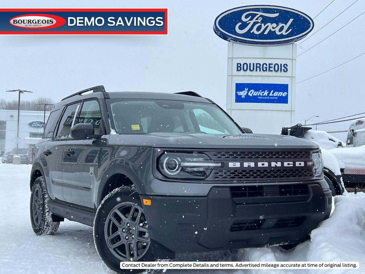 <p>Introducing the stunning new Ford Bronco Sport Big Bend 4x4, finished in an elegant gray that perfectly complements its adventurous spirit. With a powerful 1.5L 3-cyl engine delivering 181 horsepower at 6000 RPM through its automatic transmission and 4×4 drivetrain, this SUV is designed to take you anywhere with ease and style. Its handling promises an engaging driving experience, whether you're navigating city streets or exploring off-road trails.</p><p>Externally, the Bronco Sport Big Bend showcases rugged good looks with its durable body type, enhanced by alloy wheels that not only add a touch of class but are also built to endure. The interior doesn't skimp on comfort or style, offering heated seats for those chilly mornings, power seats for customizable comfort, and ample space for both passengers and cargo. The overall styling and features like air conditioning, keyless entry, and heated mirrors make every drive delightful and hassle-free.</p><p>Technology-wise, the Bronco Sport Big Bend is fully equipped to meet the demands of modern drivers. Enjoy the convenience of a backup camera, Bluetooth connection for your devices, satellite radio for endless entertainment options, and smart device integration for seamless connectivity on the go. Safety is also a top priority, with advanced features like lane assist, adaptive cruise control, parking sensors, and brake assist ensuring peace of mind for every journey.</p><p>This vehicle is ideally suited for the adventurous spirit, families looking for a reliable and versatile SUV, or anyone who values both form and function in their ride. We encourage you to contact the dealership today for more information on this impeccable Ford Bronco Sport Big Bend 4x4. Don't miss the opportunity to make it yours and start your next adventure with confidence and style.</p> <p><span style=color:rgb( 58 , 80 , 95 )>The discount shown on vehicle represents the </span><u>Cash Purchase</u><span style=color:rgb( 58 , 80 , 95 )> discount and is inclusive of all non-stackable and stackable cash purchase discounts from Ford of Canada and Bourgeois Ford North and is offered in lieu of sub-vented lease or finance rates. To get details on current discounts applicable to this and other vehicles in our inventory for Lease and Finance customer, see a member of our team. All offers for lease or finance are On Approved Credit (OAC).While every effort is made to ensure the accuracy of discounts and programs, programs are subject to change without notice </span><span style=color:rgb( 119 , 119 , 119 )>and may not be accurate or completely current. While every reasonable effort is made to ensure the accuracy of this data, we are not responsible for any errors or omissions contained on these pages.</span></p> <p><strong>Financing Your Next Vehicle with Bourgeois Motors Ford in Midland:</strong></p><p>At Bourgeois Motors Ford, we make financing your next vehicle simple and stress-free! Our team works with trusted lenders to find flexible options tailored to your budget. Drive away with confidenceapply today!</p><p>Take advantage of our online pre-qualification tool, backed by Equifax and TD Bank to find the payment that works for you. Simply <a href=https://www.bourgeoismotors.com/free-credit-check/ rel=nofollow><strong>CLICK HERE</strong></a><strong> </strong>to use our secure online credit tool with no impact to your credit.</p> <p>Experience exceptional value with Bourgeois Motors Fords executive demos. These are like-new vehicles with low mileage, premium features, and significant savings. Drive away with confidence, backed by the balance of factory warranties and our commitment to quality. Its a great way to own a new Ford.</p>