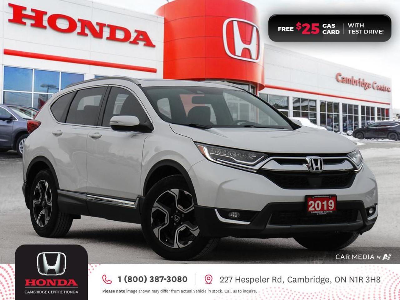 <p><strong>GREAT CR-V! LOW MILEAGE! ONE PREVIOUS OWNER! </strong>2019 Honda CR-V Touring featuring CVT transmission, five passenger seating, leather interior, remote starter, power sunroof, Apple CarPlay and Android Auto connectivity, Siri® Eyes Free compatibility, ECON mode, Bluetooth, AM/FM audio system with two USB inputs, GPS Navigation, Sirius Satellite radio equipped, wireless charging, steering wheel mounted controls, cruise control, air conditioning, dual climate zones, heated front seats, rearview camera with dynamic guidelines, 12V power outlet, power mirrors, power locks, power windows, 60/40 split fold-down rear seatback, Anchors and Tethers for Children (LATCH) , The Honda Sensing Technologies - Adaptive Cruise Control, Forward Collision Warning system, Collision Mitigation Braking system, Lane Departure Warning system, Lane Keeping Assist system and Road Departure Mitigation system, Blind Spot Information (BSI) system, remote keyless entry with trunk release, auto on/off headlights, electronic stability control and anti-lock braking system. Contact Cambridge Centre Honda for special discounted finance rates, as low as 8.99%, on approved credit from Honda Financial Services.</p>

<p><span style=color:#ff0000><strong>FREE $25 GAS CARD WITH TEST DRIVE!</strong></span></p>

<p>Our philosophy is simple. We believe that buying and owning a car should be easy, enjoyable and transparent. Welcome to the Cambridge Centre Honda Family! Cambridge Centre Honda proudly serves customers from Cambridge, Kitchener, Waterloo, Brantford, Hamilton, Waterford, Brant, Woodstock, Paris, Branchton, Preston, Hespeler, Galt, Puslinch, Morriston, Roseville, Plattsville, New Hamburg, Baden, Tavistock, Stratford, Wellesley, St. Clements, St. Jacobs, Elmira, Breslau, Guelph, Fergus, Elora, Rockwood, Halton Hills, Georgetown, Milton and all across Ontario!</p>