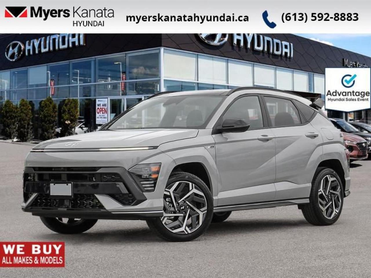 <b>Sunroof,  Climate Control,  Heated Steering Wheel,  Adaptive Cruise Control,  Aluminum Wheels!</b><br> <br> <br> <br>  With incredible safety features that help you stay on the road, this Kona lets you get further and see more than ever before. <br> <br>With more versatility than its tiny stature lets on, this Kona is ready to prove that big things can come in small packages. With an incredibly long feature list, this Kona is incredibly safe and comfortable, compatible with just about anything, and ready for lifes next big adventure. For distilled perfection in the busy crossover SUV segment, this Kona is the obvious choice.<br> <br> This cyber gry SUV  has an automatic transmission and is powered by a  190HP 1.6L 4 Cylinder Engine.<br> <br> Our Konas trim level is N Line AWD. Endless thrills and excitement are assured in this Kona N Line, with performance upgrades and aggressive styling, as well as a heated steering wheel, adaptive cruise control and upgraded aluminum wheels, heated front seats, front and rear LED lights, remote engine start, and an immersive dual-LCD dash display with a 12.3-inch infotainment screen bundled with Apple CarPlay, Android Auto and Bluelink+ selective service internet access. Safety features also include blind spot detection, lane keeping assist with lane departure warning, front pedestrian braking, and forward collision mitigation. This vehicle has been upgraded with the following features: Sunroof,  Climate Control,  Heated Steering Wheel,  Adaptive Cruise Control,  Aluminum Wheels,  Heated Seats,  Apple Carplay. <br><br> <br>To apply right now for financing use this link : <a href=https://www.myerskanatahyundai.com/finance/ target=_blank>https://www.myerskanatahyundai.com/finance/</a><br><br> <br/>    This vehicle may qualify for $500 Military Program Bonus. Eligible customers may qualify for the Hyundai 0.50% Loyalty Finance Rate Reduction - certain restrictions may apply. 5.99% financing for 96 months. <br> Buy this vehicle now for the lowest weekly payment of <b>$132.29</b> with $0 down for 96 months @ 5.99% APR O.A.C. ( Plus applicable taxes -  $2596 and licensing fees    ).  Incentives expire 2025-03-31.  See dealer for details. <br> <br>This vehicle is located at Myers Kanata Hyundai 400-2500 Palladium Dr Kanata, Ontario. <br><br> Come by and check out our fleet of 30+ used cars and trucks and 100+ new cars and trucks for sale in Kanata.  o~o