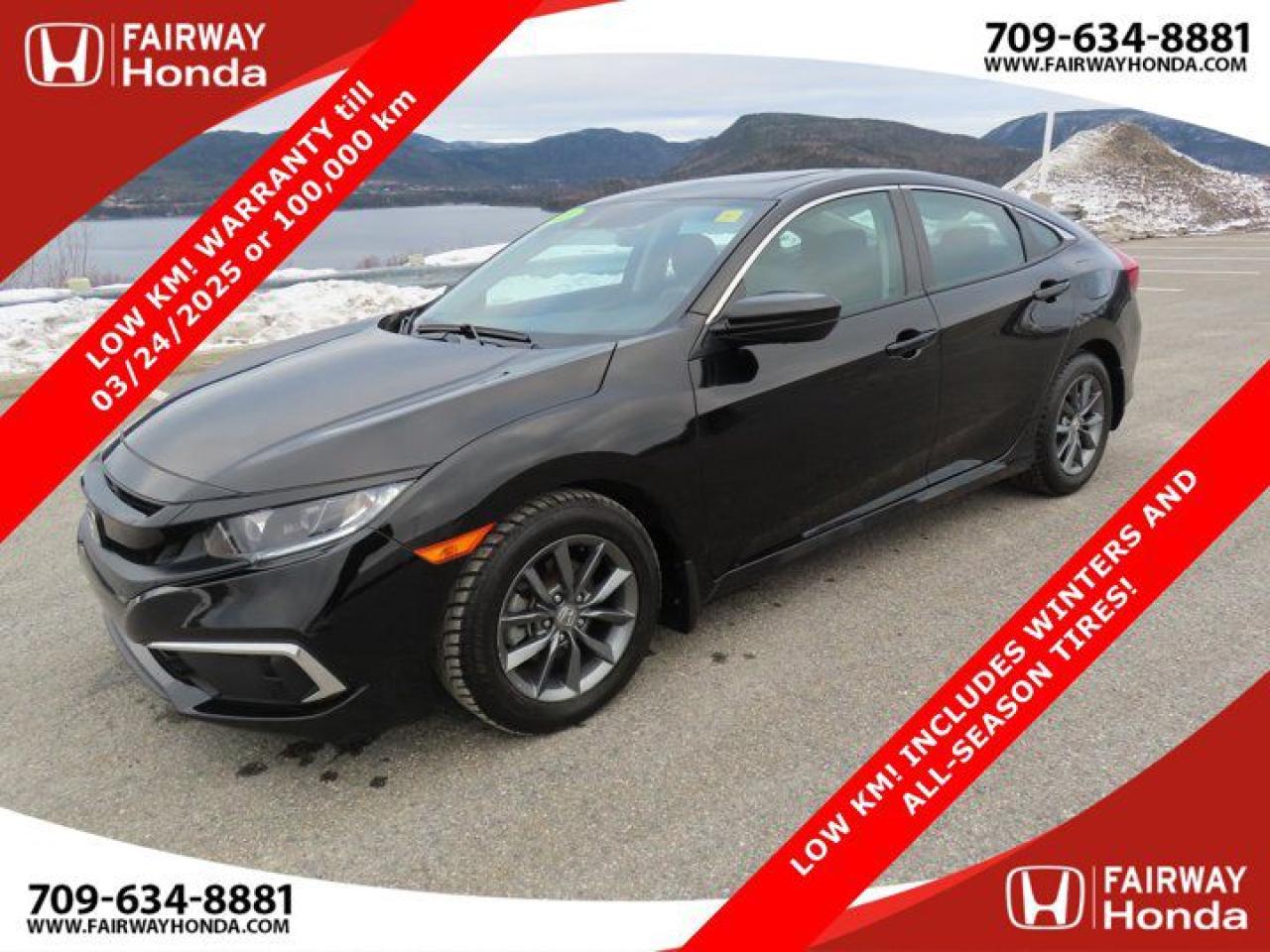 Recent Arrival!Odometer is 52231 kilometers below market average! Crystal Black Pearl 2021 Honda Civic EX AWD! LOW KM! WARRANTY till 03/24/2025 or 100,000 k FWD CVT 2.0L I4 DOHC 16V i-VTEC*Professionally Detailed*, *Market Value Pricing*, Black w/Fabric Seating Surfaces, 16 Aluminum Alloy Wheels, 4-Wheel Disc Brakes, 8 Speakers, ABS brakes, Air Conditioning, AM/FM radio, Apple CarPlay/Android Auto, Auto High-beam Headlights, Automatic temperature control, Brake assist, Bumpers: body-colour, Delay-off headlights, Driver door bin, Driver vanity mirror, Dual front impact airbags, Dual front side impact airbags, Electronic Stability Control, Emergency communication system, Exterior Parking Camera Rear, Fabric Seating Surfaces, Forward collision: Collision Mitigation Braking System (CMBS) + FCW mitigation, Four wheel independent suspension, Front anti-roll bar, Front Bucket Seats, Front dual zone A/C, Front reading lights, Fully automatic headlights, Heated door mirrors, Heated Front Bucket Seats, Illuminated entry, Lane departure: Lane Keeping Assist System (LKAS) active, Leather Shift Knob, Occupant sensing airbag, Outside temperature display, Overhead airbag, Overhead console, Panic alarm, Passenger door bin, Passenger vanity mirror, Power door mirrors, Power driver seat, Power moonroof, Power steering, Power windows, Radio data system, Radio: 180-Watt AM/FM Audio System, Rear anti-roll bar, Rear window defroster, Remote keyless entry, Security system, Speed control, Speed-sensing steering, Speed-Sensitive Wipers, Split folding rear seat, Steering wheel mounted audio controls, Tachometer, Telescoping steering wheel, Tilt steering wheel, Traction control, Trip computer, Variably intermittent wipers.Honda Certified Details:* 7 day/1,000 km exchange privilege whichever comes first* 24 hours/day, 7 days/week* 7 year / 160,000 km Power Train Warranty whichever comes first. This is an additional 2 year/60,000 kms beyond the original factory Power Train warranty. Honda Certified Used Vehicles also have the option to upgrade to a Honda Plus Extended Warranty* Exclusive finance rates on Certified Pre-Owned Honda models* Vehicle history report. Access to MyHonda* Multipoint InspectionFairway Honda - Community Driven!