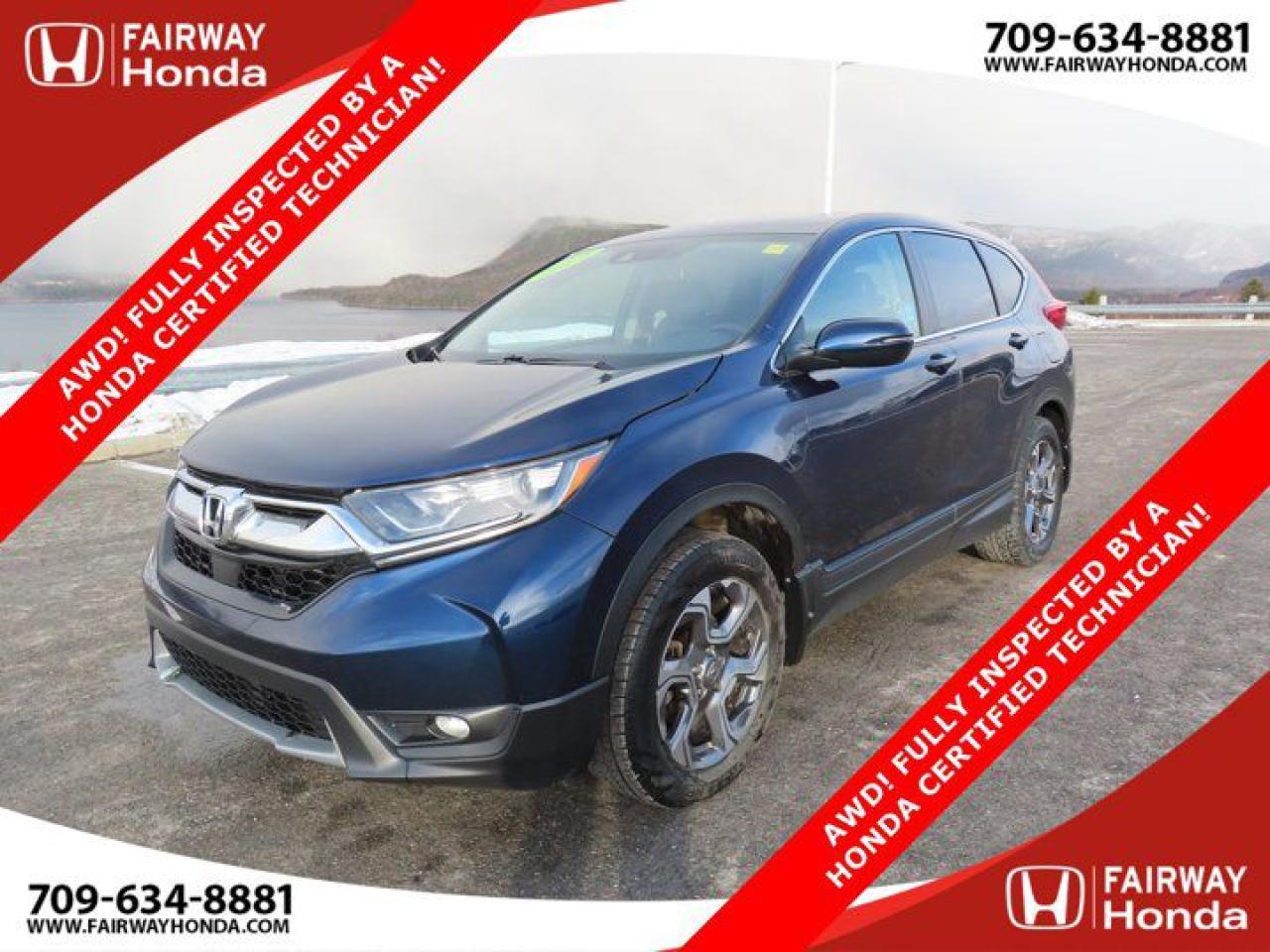 Awards:* ALG Canada Residual Value AwardsRecent Arrival!Obsidian Blue Pearl 2019 Honda CR-V EX-L AWD! FULLY INSPECTED BY A HONDA CERTIFIED TECHNICI AWD CVT 1.5L I4 Turbocharged DOHC 16V LEV3-ULEV70 190hp*Professionally Detailed*, *Market Value Pricing*, AWD, 18 Aluminum Alloy Wheels, 4-Wheel Disc Brakes, 8 Speakers, ABS brakes, Air Conditioning, AM/FM radio: SiriusXM, Apple CarPlay/Android Auto, Auto High-beam Headlights, Auto-dimming Rear-View mirror, Automatic temperature control, Brake assist, Bumpers: body-colour, Delay-off headlights, Driver door bin, Driver vanity mirror, Dual front impact airbags, Dual front side impact airbags, Electronic Stability Control, Exterior Parking Camera Rear, Forward collision: Collision Mitigation Braking System (CMBS) + FCW mitigation, Four wheel independent suspension, Front anti-roll bar, Front Bucket Seats, Front dual zone A/C, Front fog lights, Front reading lights, Fully automatic headlights, Garage door transmitter: HomeLink, Heated door mirrors, Heated Front Bucket Seats, Heated rear seats, Heated steering wheel, Illuminated entry, Lane departure: Lane Keeping Assist System (LKAS) active, Leather Shift Knob, Low tire pressure warning, Memory seat, Occupant sensing airbag, Outside temperature display, Overhead airbag, Overhead console, Panic alarm, Passenger door bin, Passenger vanity mirror, Perforated Leather-Trimmed Seating Surfaces, Power door mirrors, Power driver seat, Power Liftgate, Power moonroof, Power passenger seat, Power steering, Power windows, Radio data system, Radio: 180-Watt AM/FM Audio System, Rear anti-roll bar, Rear window defroster, Rear window wiper, Remote keyless entry, Security system, SiriusXM, Speed control, Speed-sensing steering, Speed-Sensitive Wipers, Split folding rear seat, Spoiler, Steering wheel mounted audio controls, Tachometer, Telescoping steering wheel, Tilt steering wheel, Traction control, Trip computer, Turn signal indicator mirrors, Variably intermittent wipers.Fairway Honda - Community Driven!