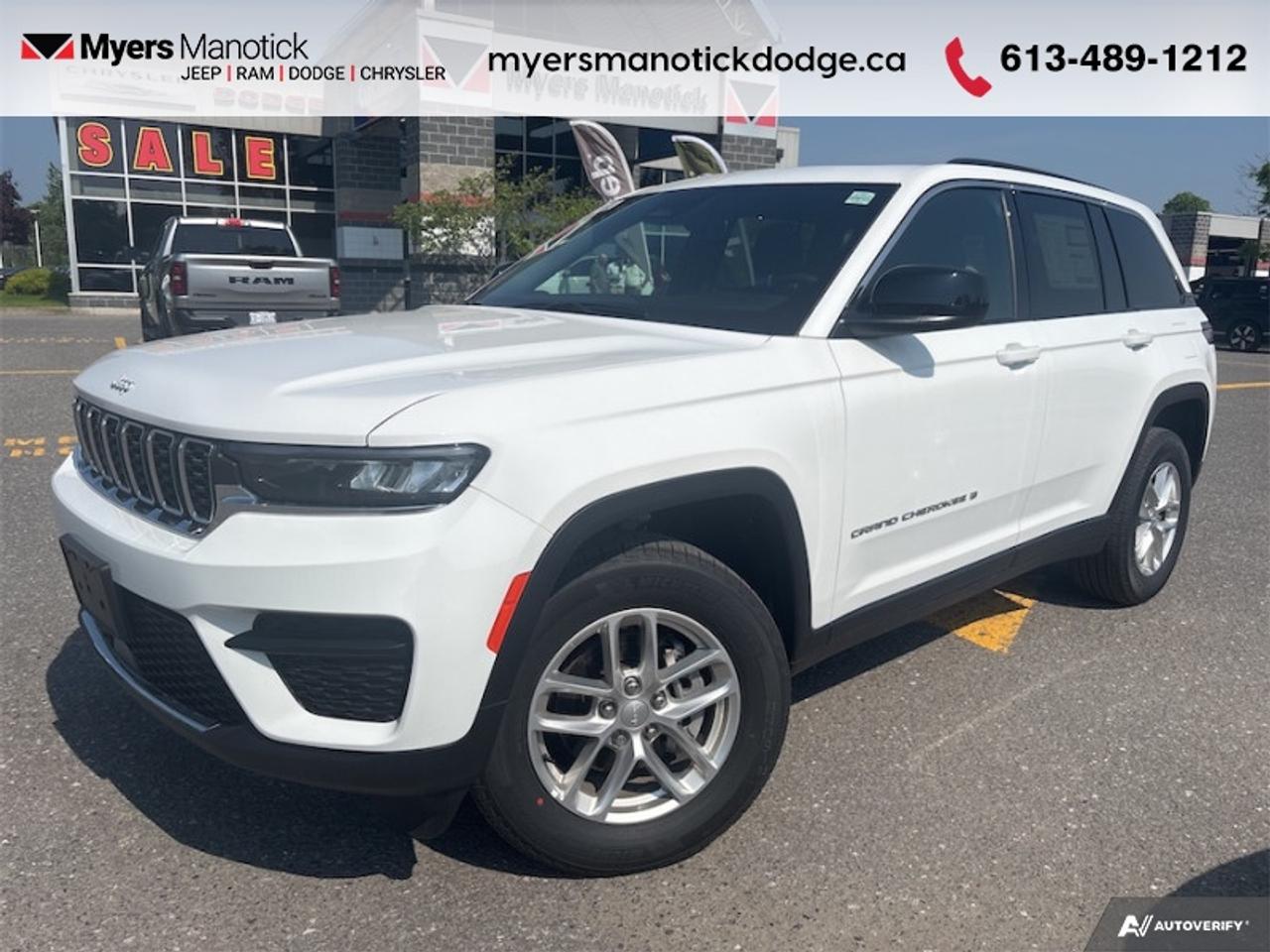 <b>Sunroof, 18 inch Aluminum Wheels!</b><br> <br> <br> <br>Call 613-489-1212 to speak to our friendly sales staff today, or come by the dealership!<br> <br>Theres simply no better SUV that combines on-road comfort with off-road capability at a great value than this legendary Jeep Grand Cherokee. <br> <br>This 2025 Jeep Grand Cherokee is second to none when it comes to performance, safety, and style. Improving on its legendary design with exceptional materials, elevated craftsmanship and innovative design unites to create an unforgettable cabin experience. With plenty of room for your adventure gear, enough seats for your whole family and incredible off-road capability, this 2025 Jeep Grand Cherokee has you covered!<br> <br>This Bright White SUV has an Automatic transmission and is powered by a 293HP 3.6L V6 Cylinder Engine. <br> <br> Our Grand Cherokees trim level is Laredo. This Cherokee Laredo trim is decked with great features such as heated front seats with a heated steering wheel, voice-activated dual zone climate control, mobile hotspot internet access, and an 8.4-inch infotainment screen powered by Uconnect 5. Assistive and safety features also include adaptive cruise control, blind spot detection, lane keeping assist with lane departure warning, front and rear collision mitigation, ParkSense front and rear parking sensors, and even more! This vehicle has been upgraded with the following features: Sunroof, 18 inch Aluminum Wheels.<br><br> View the original window sticker for this vehicle with this url <b><a href=http://www.chrysler.com/hostd/windowsticker/getWindowStickerPdf.do?vin=1C4RJHAG5SC294334 target=_blank>http://www.chrysler.com/hostd/windowsticker/getWindowStickerPdf.do?vin=1C4RJHAG5SC294334</a></b>.<br> <br>To apply right now for financing use this link: <a href=https://CreditOnline.dealertrack.ca/Web/Default.aspx?Token=3206df1a-492e-4453-9f18-918b5245c510&Lang=en target=_blank>https://CreditOnline.dealertrack.ca/Web/Default.aspx?Token=3206df1a-492e-4453-9f18-918b5245c510&Lang=en</a><br><br> <br/> Weve discounted this vehicle $8594. Total  rebate of $6000 is reflected in the price.  <br> Buy this vehicle now for the lowest weekly payment of <b>$158.06</b> with $0 down for 96 months @ 4.99% APR O.A.C. ( Plus applicable taxes -  $1199  fees included in price **Rebates may not be applicable on all purchase types [cash, lease, or finance]. Eligibility and conditions may vary. Please see dealer for full details and confirmation of eligibility.    ).  Incentives expire 2026-04-30.  See dealer for details. <br> <br>If youre looking for a Dodge, Ram, Jeep, and Chrysler dealership in Ottawa that always goes above and beyond for you, visit Myers Manotick Dodge today! Were more than just great cars. We provide the kind of world-class Dodge service experience near Kanata that will make you a Myers customer for life. And with fabulous perks like extended service hours, our 30-day tire price guarantee, the Myers No Charge Engine/Transmission for Life program, and complimentary shuttle service, its no wonder were a top choice for drivers everywhere. Get more with Myers!<br> Come by and check out our fleet of 30+ used cars and trucks and 60+ new cars and trucks for sale in Manotick.  o~o