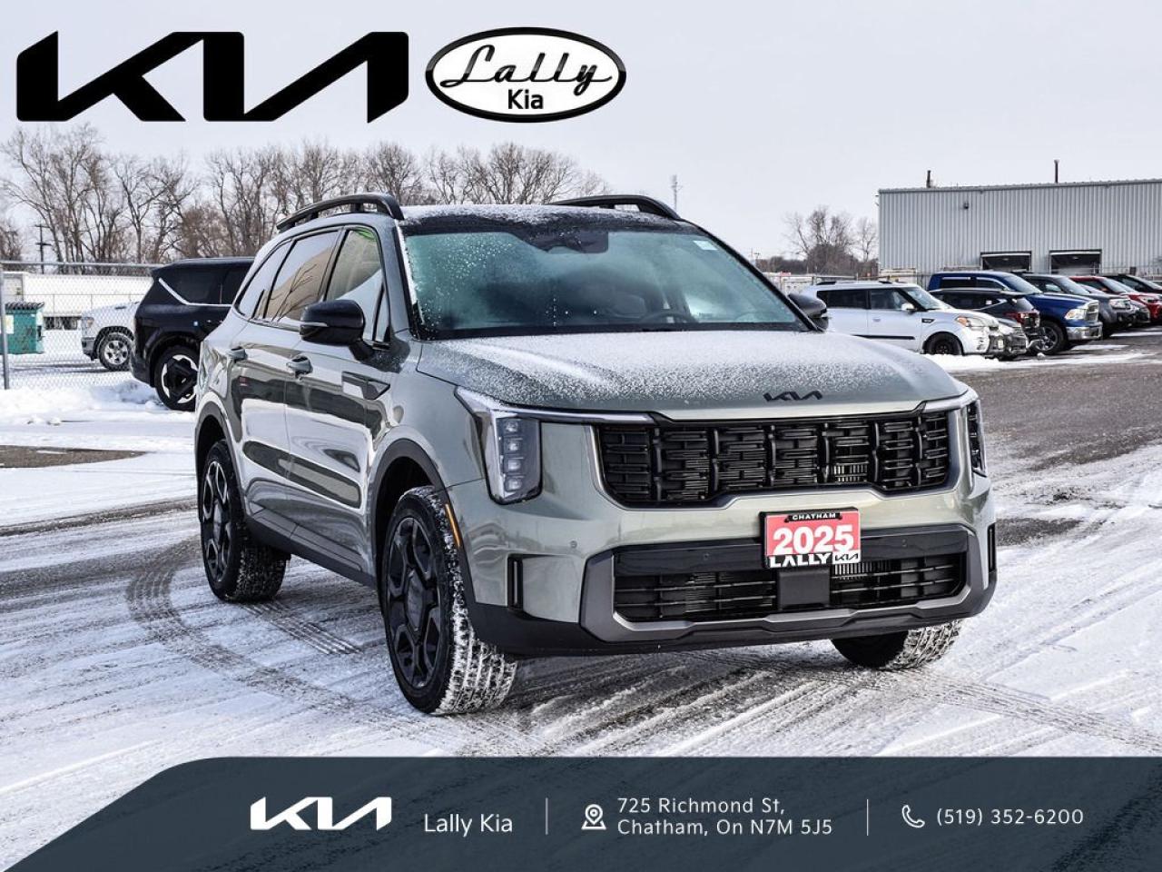 New 2025 Kia Sorento 2.5T X-Line DEMO | AWD | APPLE CARPLAY & ANDROID AUTO | SYNTHETIC LEATHER SEATS | HEATED FRONT SEATS | HEATED SECOND ROW SEATS | HEATED STEERING WHEEL | NAVIGATION | POWER LIFTGATE | POWER MOONROOF | for sale in Chatham, ON