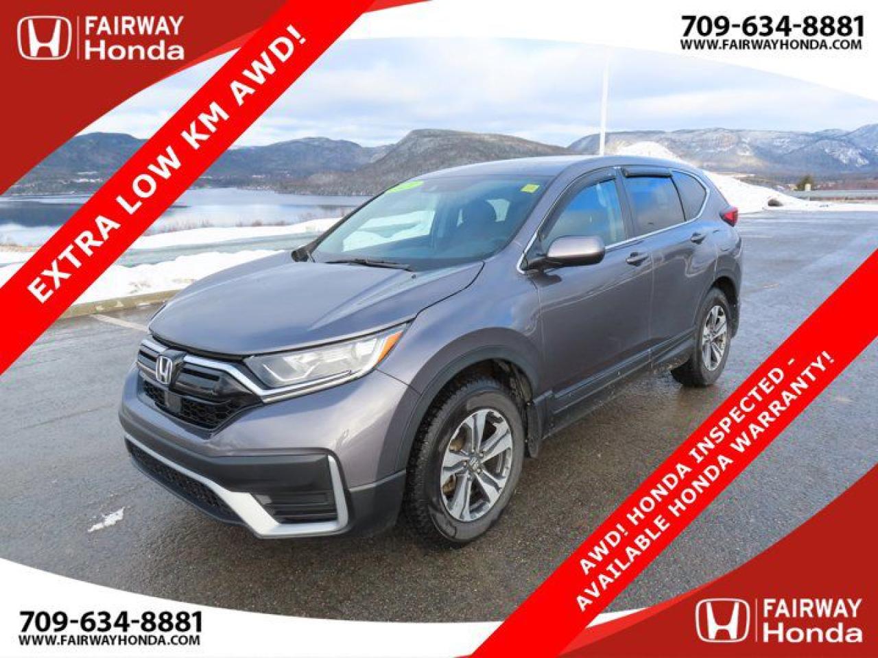 Recent Arrival!Odometer is 46136 kilometers below market average! Modern Steel Metallic 2021 Honda CR-V LX EXTRA LOW KM AWD! AWD! HONDA INSPECTED - HONDA WAR AWD CVT 1.5L I4 Turbocharged DOHC 16V LEV3-ULEV50 190hp*Professionally Detailed*, *Market Value Pricing*, AWD, 17 Aluminum Alloy Wheels, 4 Speakers, 4-Wheel Disc Brakes, ABS brakes, Adaptive Cruise Control: Adaptive Cruise Control (ACC) with Low-Speed Follow, Air Conditioning, AM/FM radio, Apple CarPlay/Android Auto, Auto High-beam Headlights, Automatic temperature control, Brake assist, Bumpers: body-colour, Delay-off headlights, Driver door bin, Driver vanity mirror, Dual front impact airbags, Dual front side impact airbags, Electronic Stability Control, Exterior Parking Camera Rear, Fabric Seating Surfaces, Forward collision: Collision Mitigation Braking System (CMBS) + FCW mitigation, Four wheel independent suspension, Front anti-roll bar, Front Bucket Seats, Front dual zone A/C, Front reading lights, Heated door mirrors, Heated Front Bucket Seats, Illuminated entry, Low tire pressure warning, Occupant sensing airbag, Outside temperature display, Overhead airbag, Overhead console, Panic alarm, Passenger door bin, Passenger vanity mirror, Power door mirrors, Power steering, Power windows, Radio data system, Radio: 160-Watt AM/FM Audio System, Rear anti-roll bar, Rear window defroster, Rear window wiper, Remote keyless entry, Security system, Speed control, Speed-sensing steering, Split folding rear seat, Spoiler, Steering wheel mounted audio controls, Tachometer, Telescoping steering wheel, Tilt steering wheel, Traction control, Trip computer.Honda Certified Details:* Exclusive finance rates on Certified Pre-Owned Honda models* 24 hours/day, 7 days/week* Multipoint Inspection* 7 year / 160,000 km Power Train Warranty whichever comes first. This is an additional 2 year/60,000 kms beyond the original factory Power Train warranty. Honda Certified Used Vehicles also have the option to upgrade to a Honda Plus Extended Warranty* 7 day/1,000 km exchange privilege whichever comes first* Vehicle history report. Access to MyHondaFairway Honda - Community Driven!