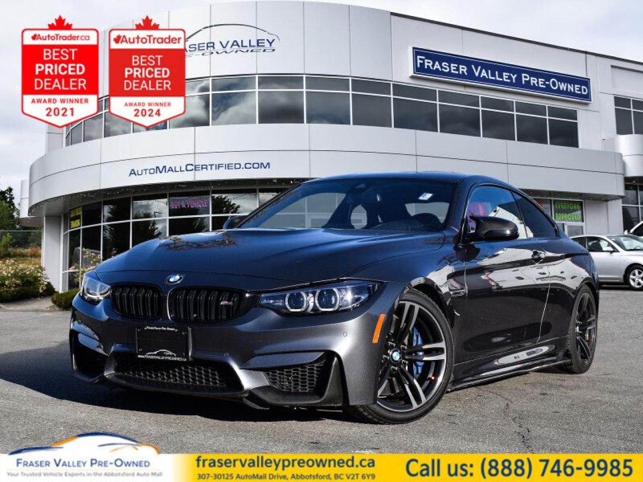 Fraser Valley Pre-Owned is proud to present the exhilarating 2018 BMW M4 Coupe, a vehicle that embodies the perfect blend of performance, luxury, and iconic design. This stunning coupe boasts a clean history with no accidents and has been kept in pristine condition by the previous owner. 
 
Under the hood, you’ll find a powerful 3.0L BMW M TwinPower Turbo Inline 6-Cylinder engine that produces up to 473 horsepower, delivering thrilling acceleration and an unparalleled driving experience. This vehicle has been fully inspected by an OEM BMW Dealership and passed with flying colors, ensuring top-notch quality and performance.
 
Features and Options:
 
Luxurious Interior:
Premium leather upholstery with M-specific details
Sport seats for optimal support
 
Technology:
8.8-inch iDrive infotainment system
Apple CarPlay and Android Auto compatibility for seamless connectivity
Harman Kardon surround sound audio system for superior audio quality
 
Safety:
Advanced airbag system
Driver Assistance Package:
Lane departure warning
Blind-spot detection
 
Performance Upgrades:
Dinan tuned intake for enhanced power
Lowering kit for improved handling
 
Additional Features:
Front clip PPF for added protection
 
Don’t miss out on this exceptional opportunity—get in touch with our Sales and Finance team or apply for Pre-Approval today, and let’s get you behind the wheel of this outstanding BMW M4 Coupe!
 
To apply right now for financing use this link : https://www.fraservalleypreowned.ca/abbotsford-car-loan-application-british-columbia
 
 

| Our Quality Guarantee: We maintain the highest standard of quality that is required for a Pre-Owned Dealership to operate in an Auto Mall. We provide an independent 360-degree inspection report through licensed 3rd Party mechanic shops. Thus, our customers can rest assured each vehicle will be a reliable, and responsible purchase.  |  Purchase Disclaimer: Your selected vehicle may have a differing finance and cash prices. When viewing our vehicles on third party  marketplaces, please click over to our website to verify the correct price for the vehicle. The Sale Price on third party websites will always reflect the Finance Price of our vehicles. If you are making a Cash Purchase, please refer to our website for the Cash Price of the vehicle.  | All prices are subject to and do not include, a $995 Finance Fee, and a $995 Document Fee.   These fees as well as taxes, are included in all listed listed payment quotes. Please speak with Dealer for full details and exact numbers.  o~o