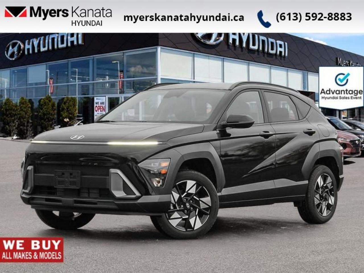 <b>Heated Steering Wheel,  Adaptive Cruise Control,  Aluminum Wheels,  Heated Seats,  Apple CarPlay!</b><br> <br> <br> <br>  Built for adventure, this Kona is well equipped, whether in the urban sprawl or the backroads. <br> <br>With more versatility than its tiny stature lets on, this Kona is ready to prove that big things can come in small packages. With an incredibly long feature list, this Kona is incredibly safe and comfortable, compatible with just about anything, and ready for lifes next big adventure. For distilled perfection in the busy crossover SUV segment, this Kona is the obvious choice.<br> <br> This abyss blk SUV  has an automatic transmission and is powered by a  147HP 2.0L 4 Cylinder Engine.<br> <br> Our Konas trim level is Preferred AWD. This Kona Preferred AWD rewards you with all-weather usability and steps things up with a heated steering wheel, adaptive cruise control and upgraded aluminum wheels, along with standard features such as heated front seats, front and rear LED lights, remote engine start, and an immersive dual-LCD dash display with a 12.3-inch infotainment screen bundled with Apple CarPlay, Android Auto and Bluelink+ selective service internet access. Safety features also include blind spot detection, lane keeping assist with lane departure warning, front pedestrian braking, and forward collision mitigation. This vehicle has been upgraded with the following features: Heated Steering Wheel,  Adaptive Cruise Control,  Aluminum Wheels,  Heated Seats,  Apple Carplay,  Android Auto,  Remote Start. <br><br> <br>To apply right now for financing use this link : <a href=https://www.myerskanatahyundai.com/finance/ target=_blank>https://www.myerskanatahyundai.com/finance/</a><br><br> <br/>   This vehicle may qualify for $500 Military Program Bonus. Eligible customers may qualify for the Hyundai 0.50% Loyalty Finance Rate Reduction - certain restrictions may apply. 5.99% financing for 96 months. <br> Buy this vehicle now for the lowest weekly payment of <b>$111.12</b> with $0 down for 96 months @ 5.99% APR O.A.C. ( Plus applicable taxes -  $2596 and licensing fees    ).  Incentives expire 2025-03-31.  See dealer for details. <br> <br>This vehicle is located at Myers Kanata Hyundai 400-2500 Palladium Dr Kanata, Ontario. <br><br> Come by and check out our fleet of 30+ used cars and trucks and 90+ new cars and trucks for sale in Kanata.  o~o